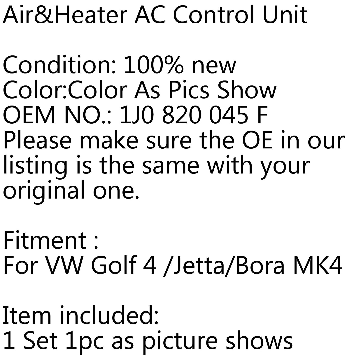 New Fresh Air&Heater AC Control Unit Panel For VW Golf Jetta MK4 1J0820045F