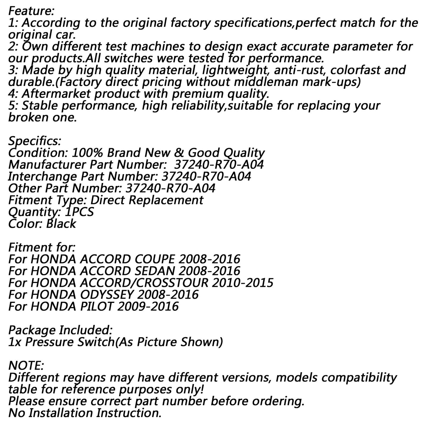 VVT Variable Valve Timing Oil Pressure Switch OEM 37240-R70-A04 Fits Honda Generic