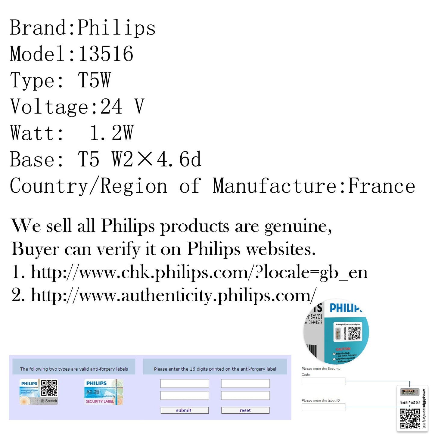 10pcs For Philips 13516 24V T5 W1.2W W2脳4.6d Standard Signaling Lamp Bulb