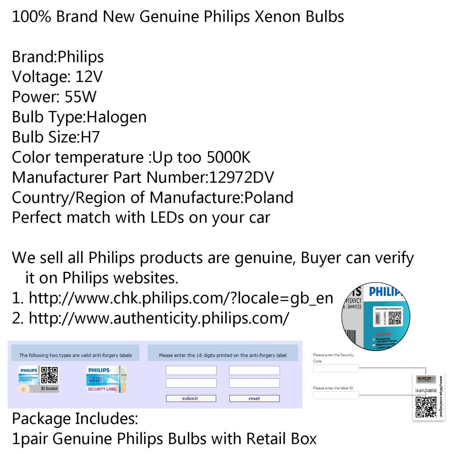Genuine PHILIPS H7 5000K White DiamondVision 12972DV 12V 55W Light Bulb x 2 Generic