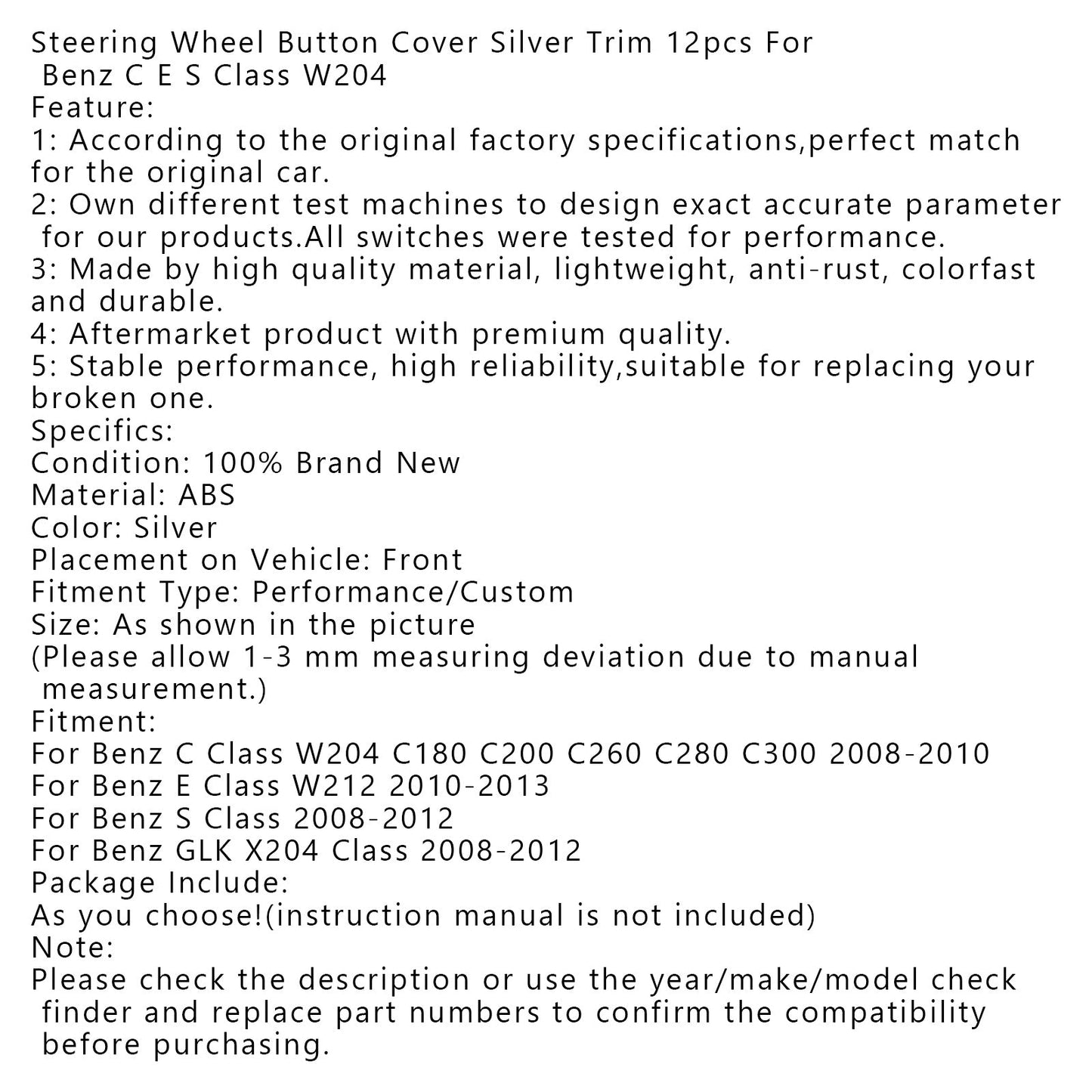Steering Wheel Button Cover Trim Silver 12Pcs For Mercedes Benz C/E/S Class GLK Generic