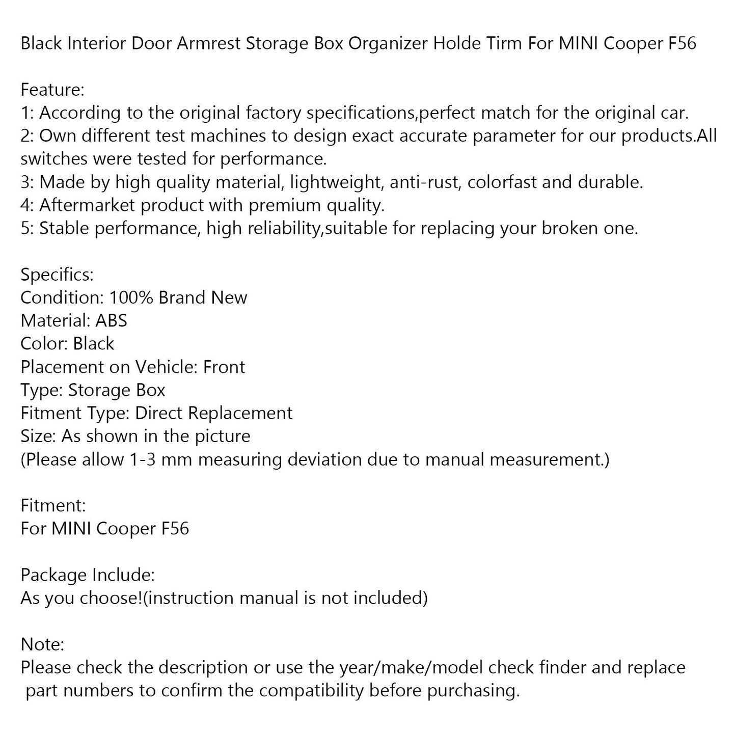 Interior Door Armrest Storage Box Organizer Holde Tirm For MINI Cooper F56 Black