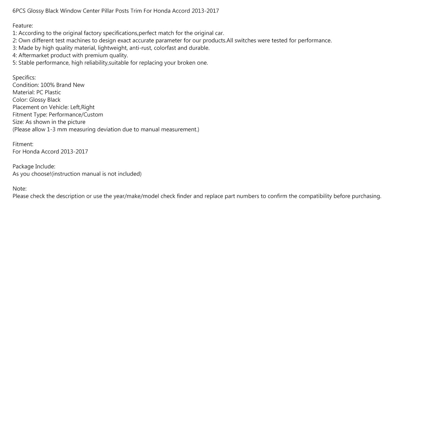 6PCS Glossy Black Window Center Pillar Posts Trim Fits For Honda Accord 2013-2017