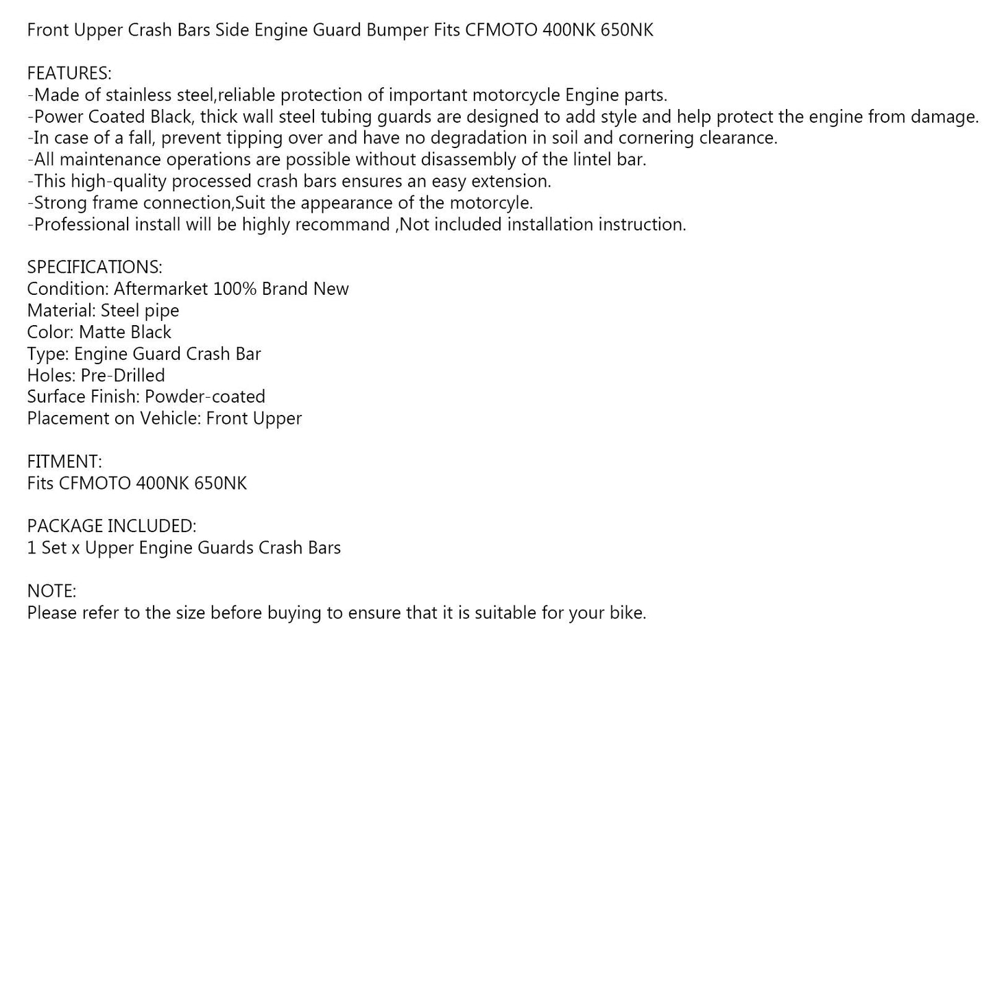 Upper Crash Bar Engine Guard Bumper Protector for CFMOTO 400NK 650NK 16-20