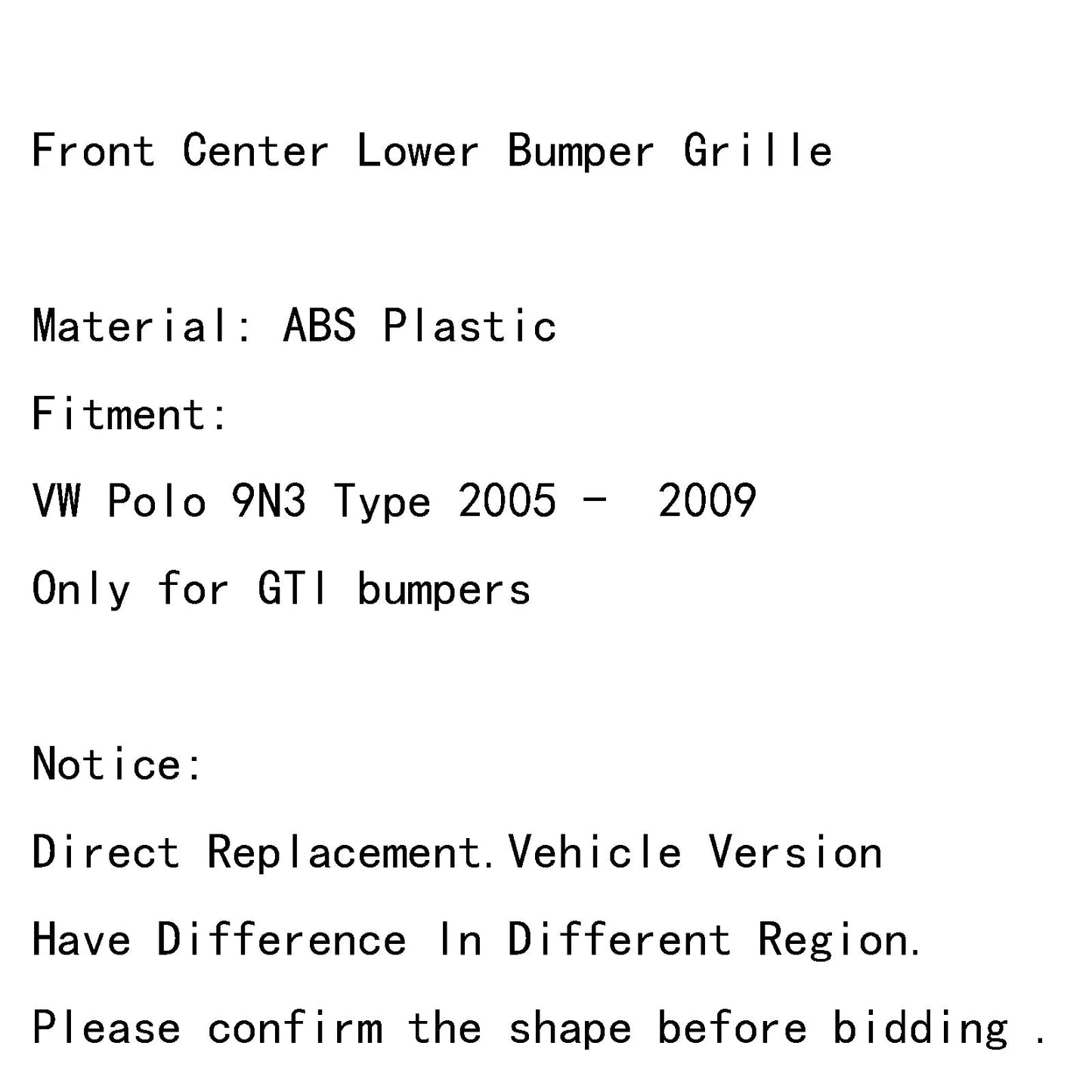 Honeycomb Style Front Center Lower Bumper Grille For VW Polo 9N3 GTI 2005-2009