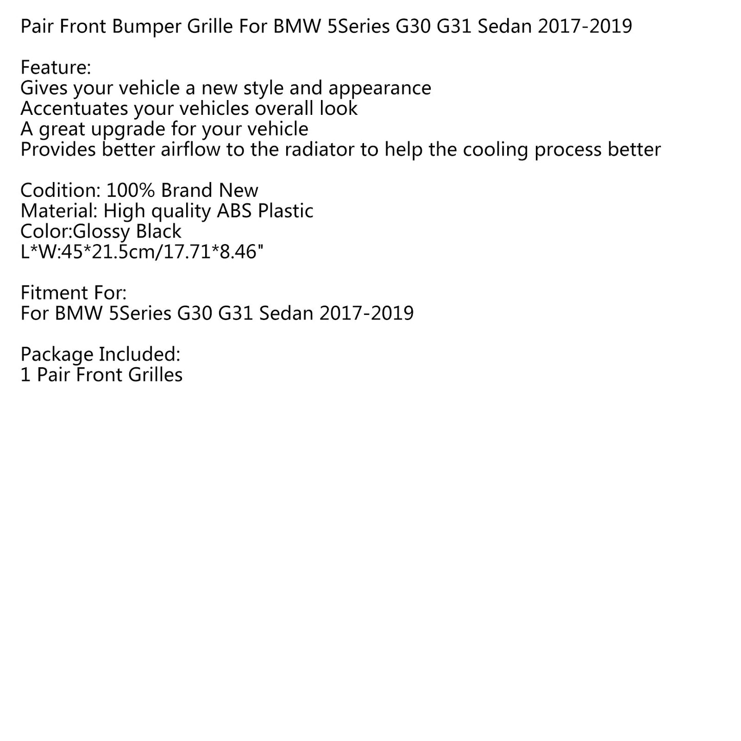Front Kidney Grille Glossy Black Double Slat For BMW 5Series G30 G31 Sedan 17-19