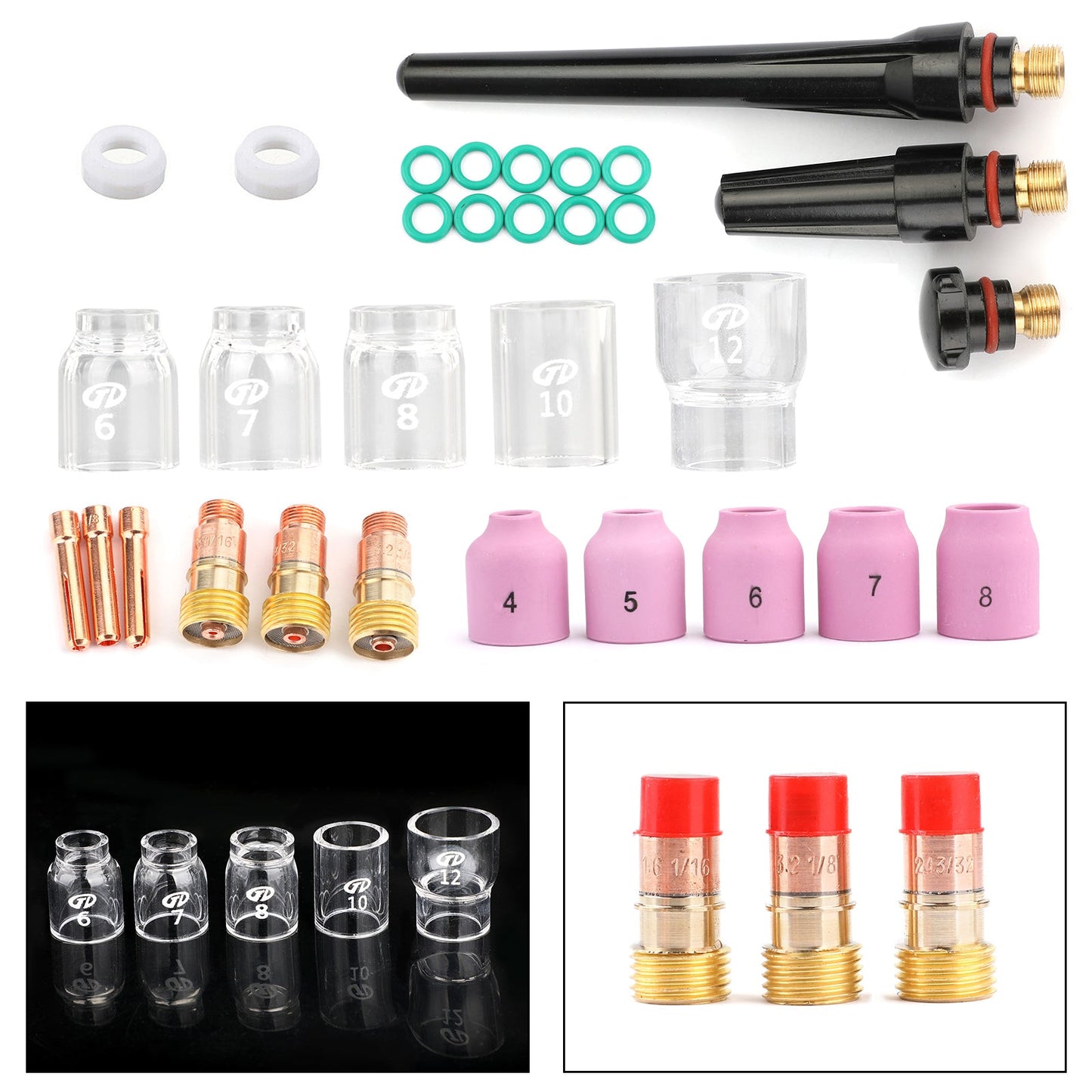 31Pcs TIG Welding Torch Stubby Gas Lens #12 Pyrex Glass Cup Kit For WP-17/18/26