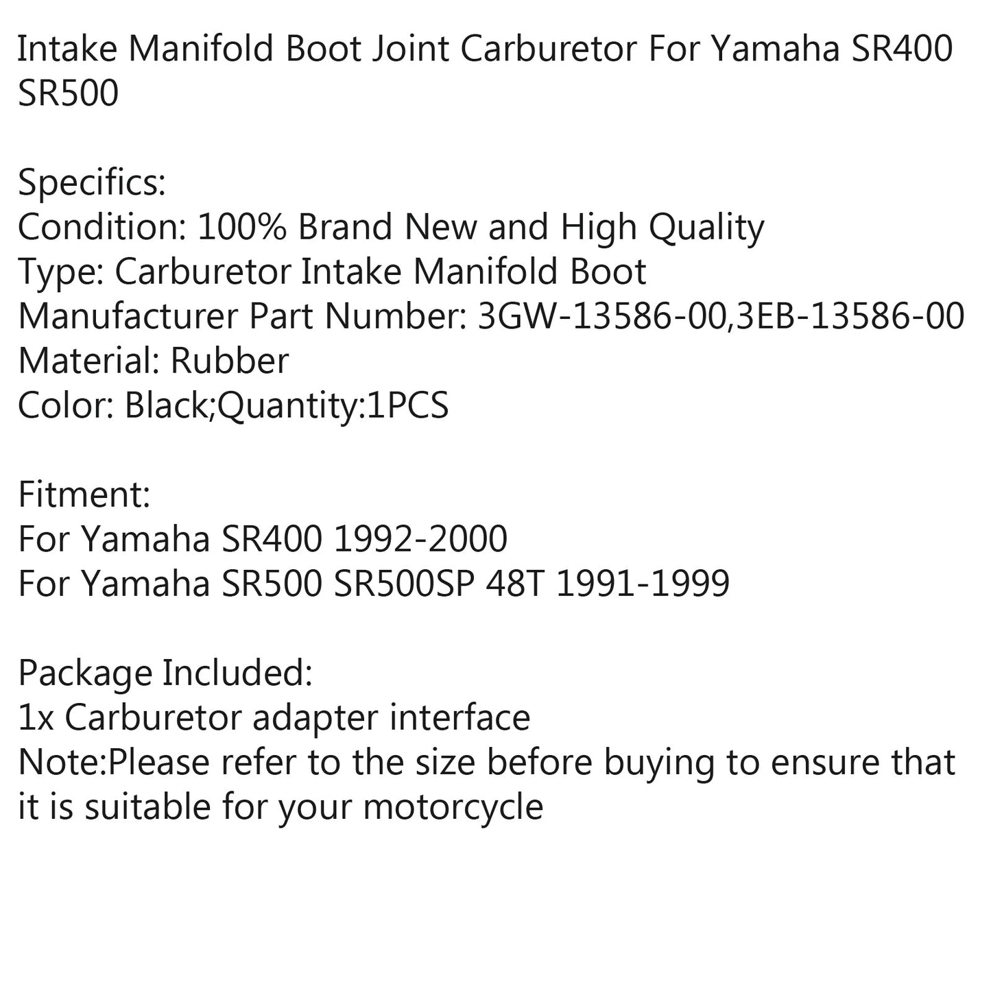 Carburetor Intake Manifold Boots Set For Yamaha SR400 1992-2000 SR500 91-99