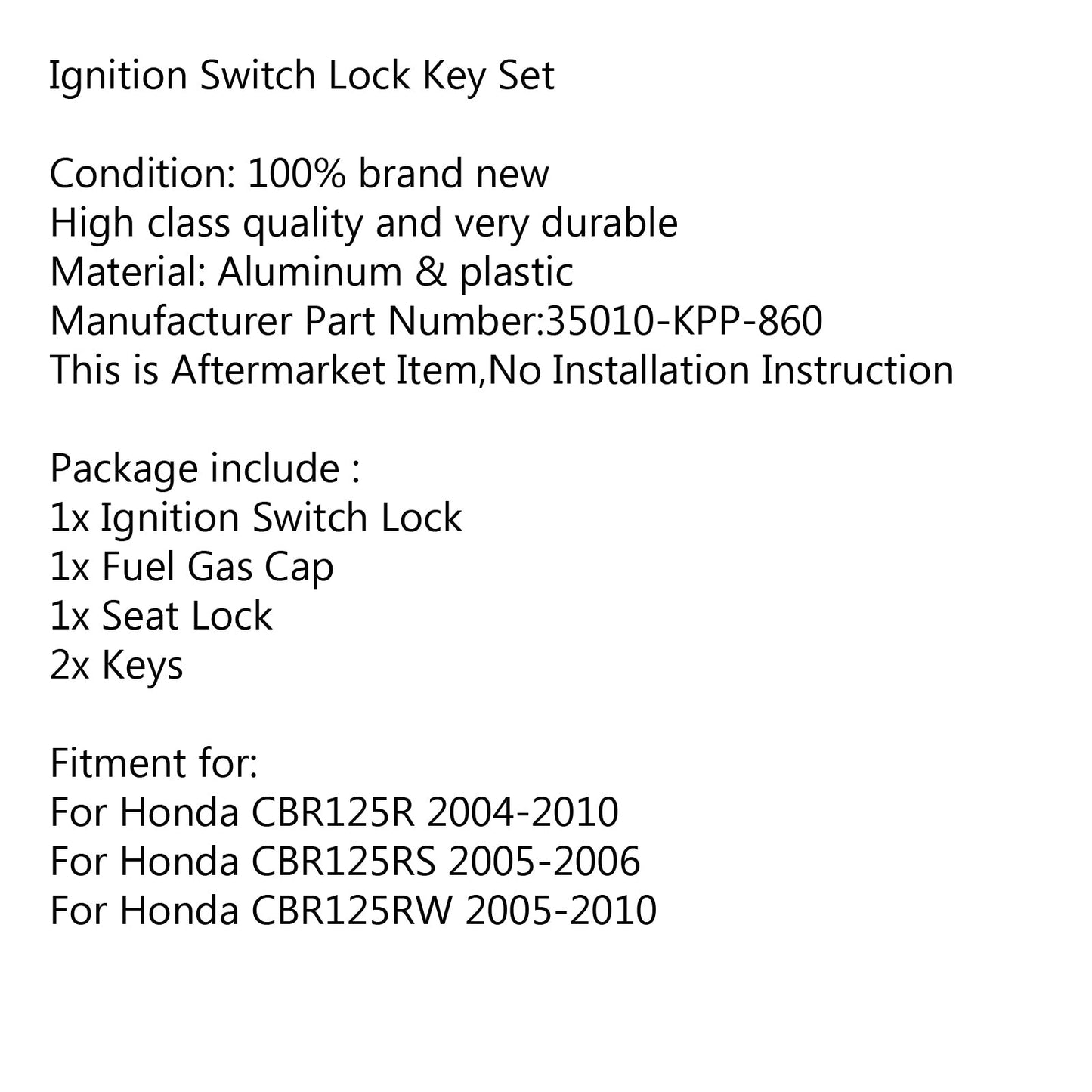 Ignition Switch Fuel Gas Cap Seat Lock Key Set For Honda CBR125R 4-1 CBR125RS