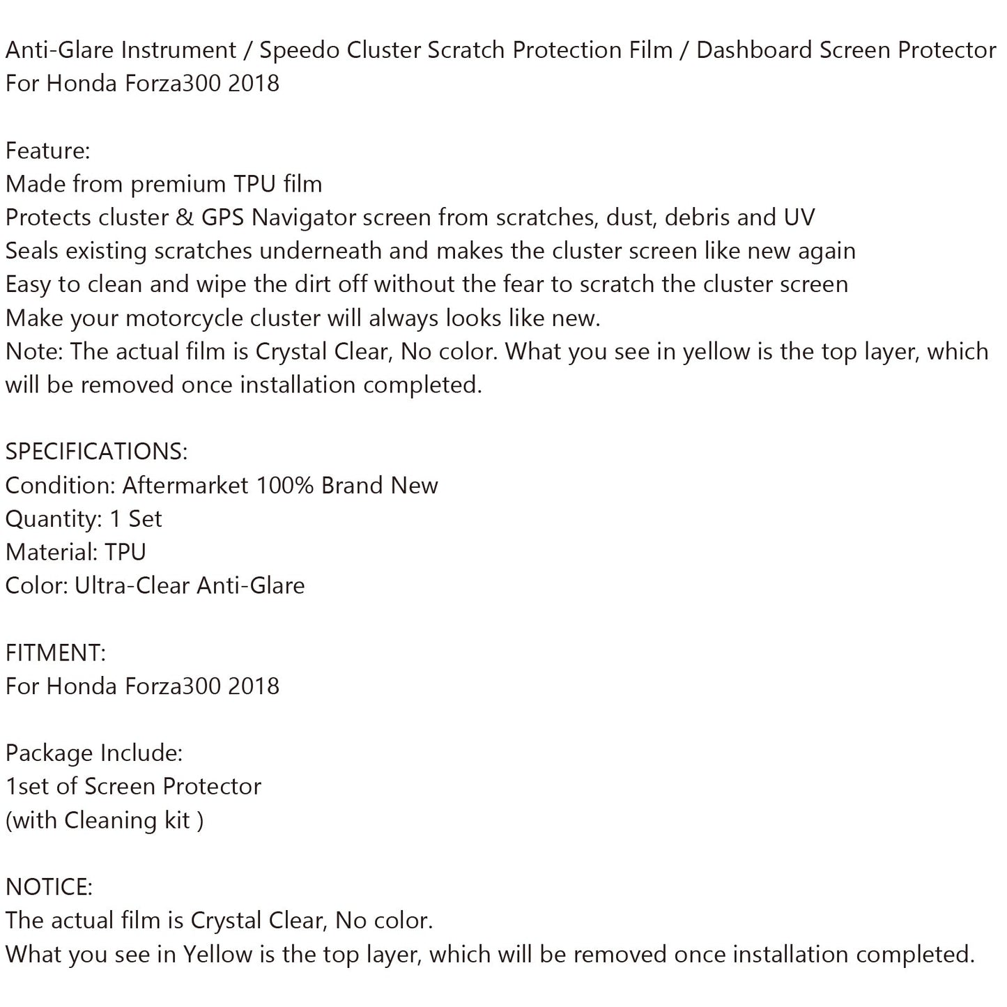 Anti-Glare Ultra Clear Dashboard Screen Protector Fit for Honda Forza 300 2018