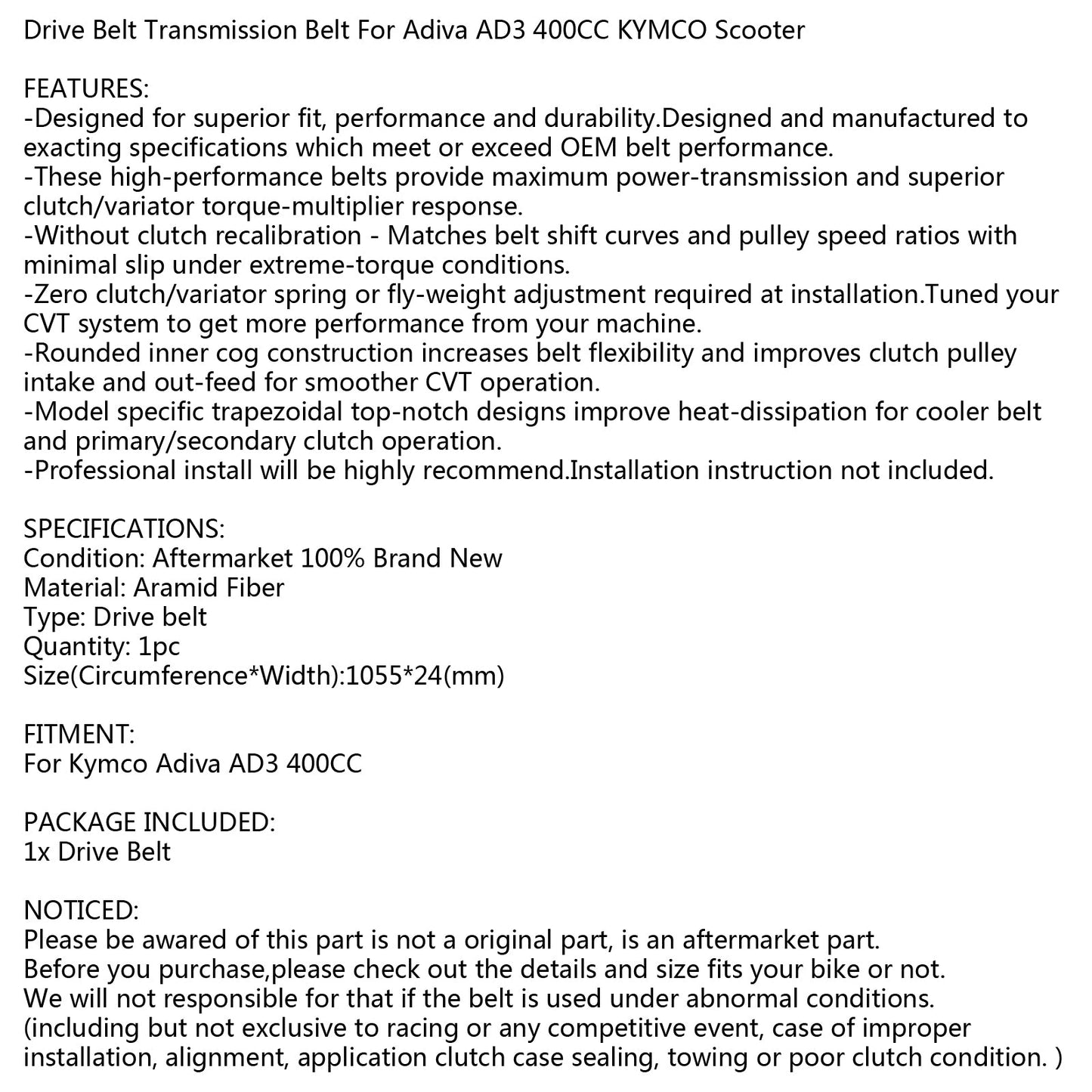 Replacement Drive Belt For Kymco Adiva AD3 400CC Three Wheels Scooter Motor