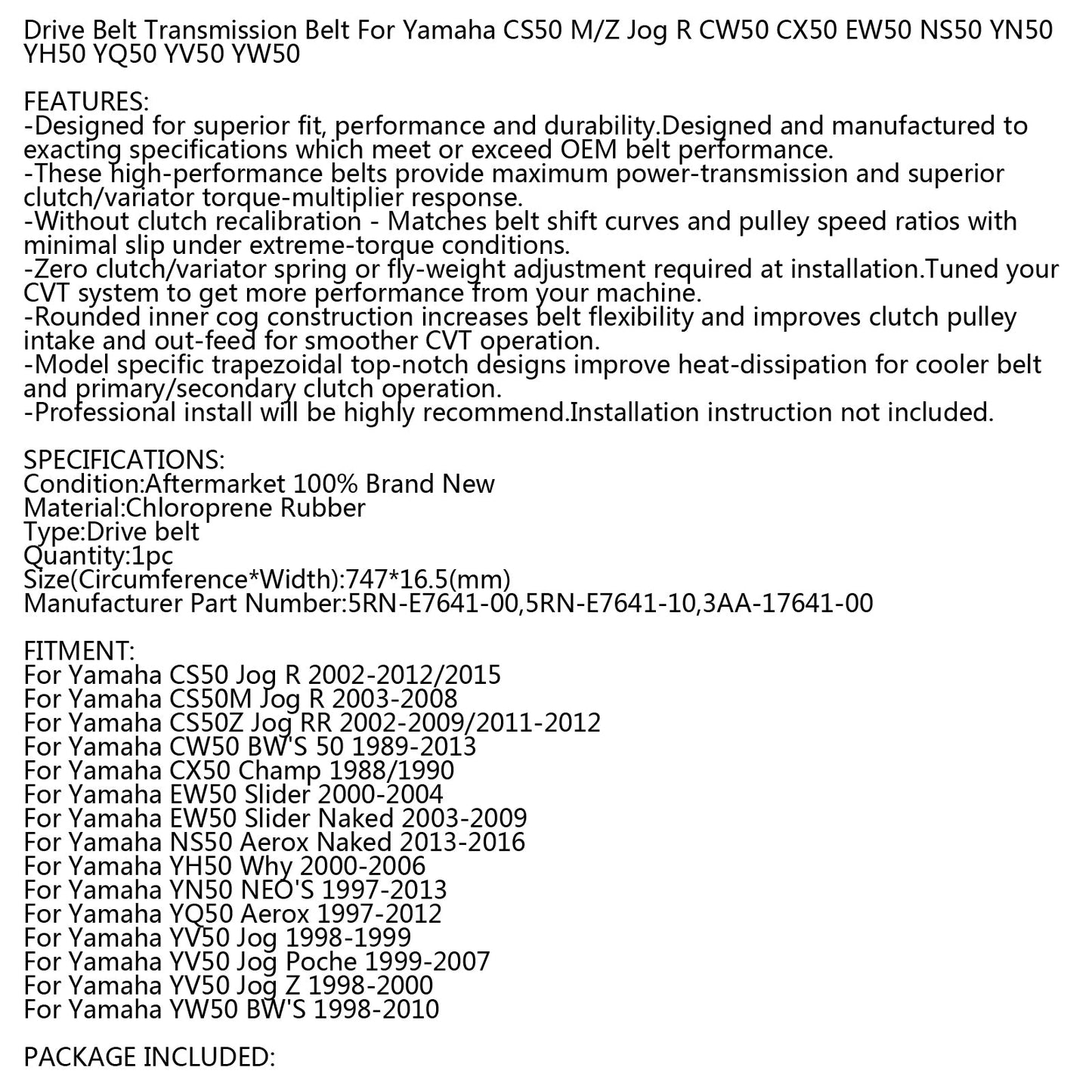 Drive Belt For Yamaha CW YW 50 ZUMA 02-11 ZUMA II 97-01 SCOOTER 3AA-17641-00