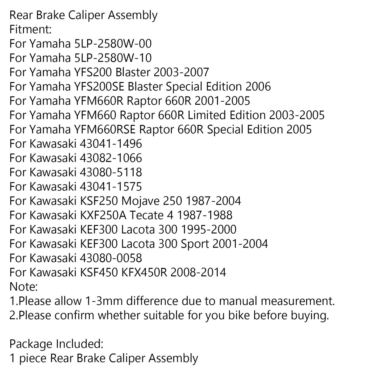 Rear Brake Caliper Assembly For Yamaha YFS 200 YFM 660 Kawasaki KSF 250 450