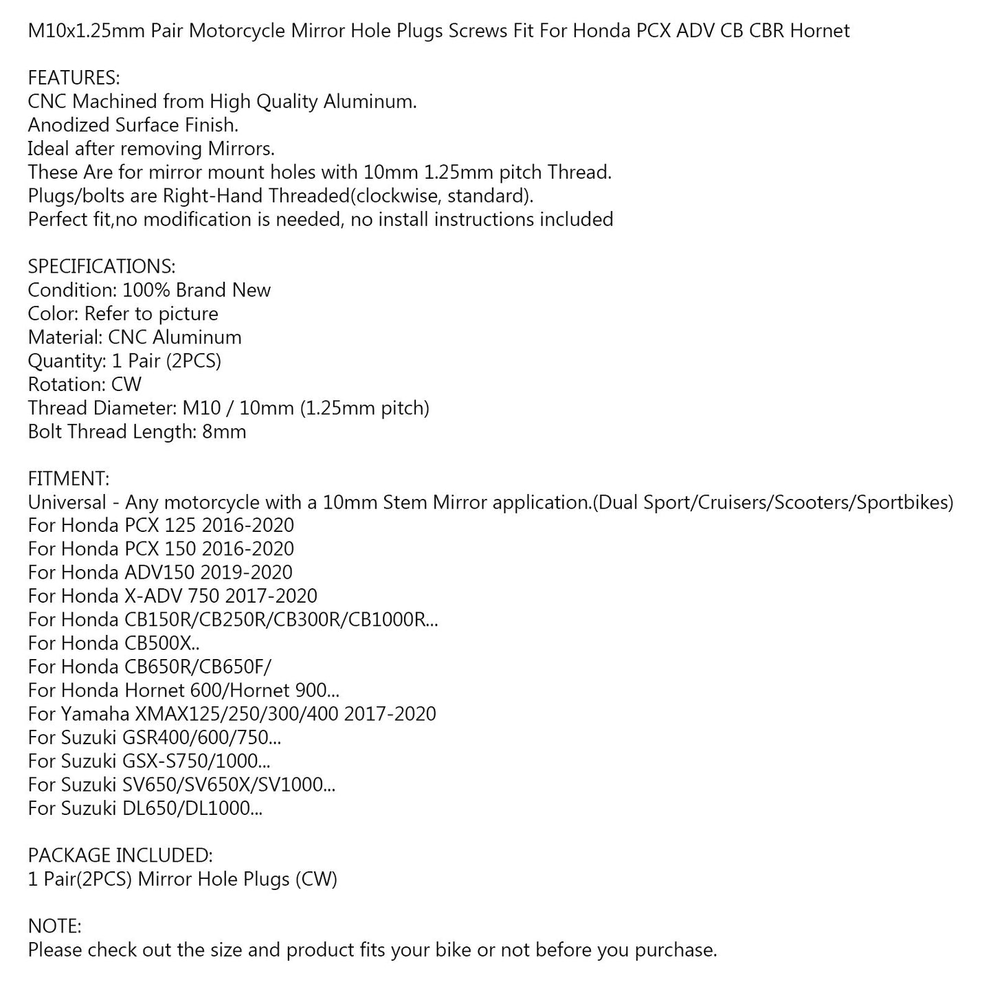 M10x1.25mm Mirror Hole Plugs Screws for Suzuki GSR400 DL650 SV650 GSX-S750 Black