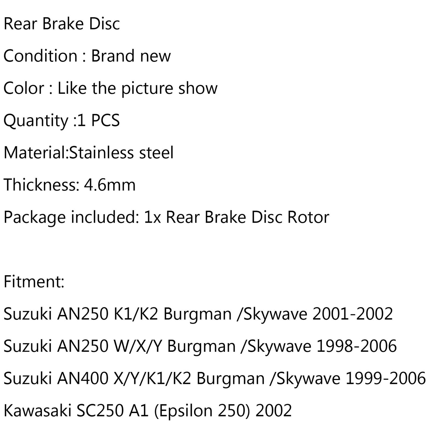 Rear Brake Rotor Disc Fit for Suzuki AN250 AN400 Burgman / Skywave 1998-2006
