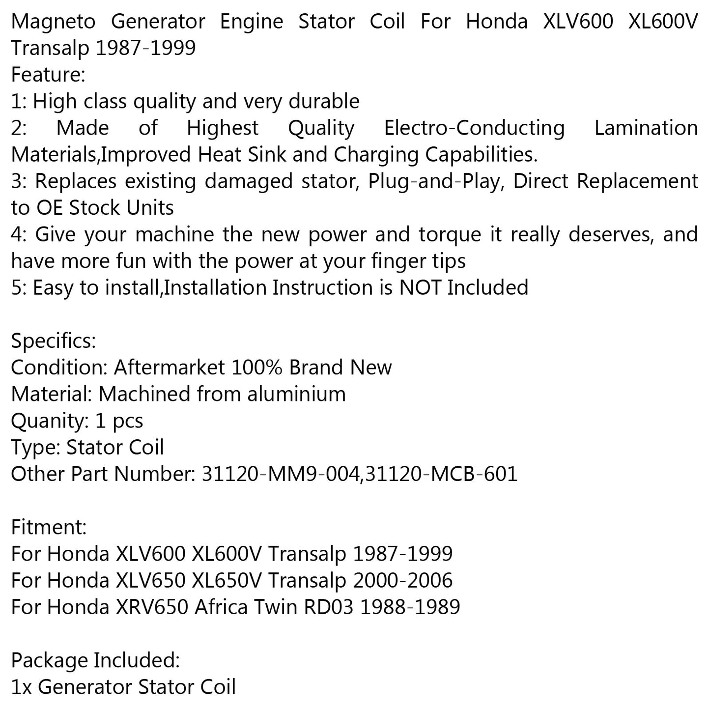 Generator Stator Coil For Honda XLV600 XL600V Transalp 1987-1999 XL650V Transalp