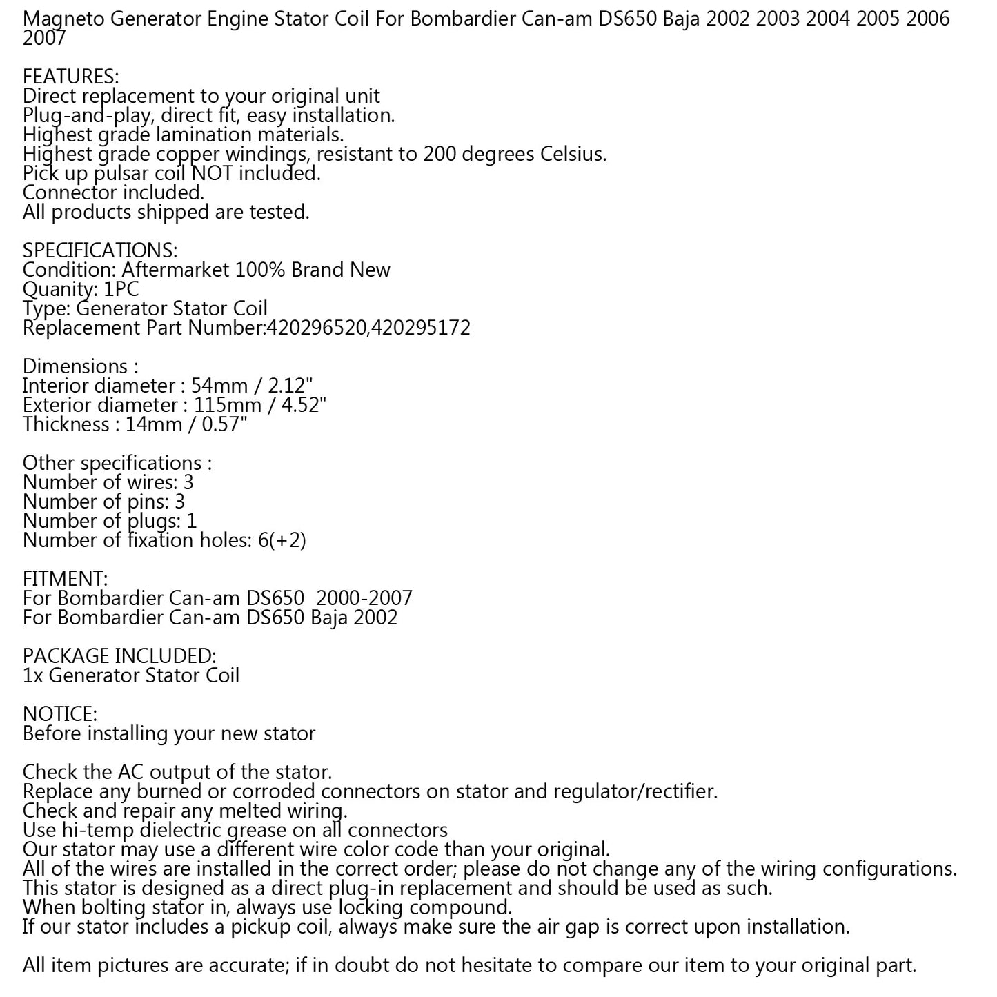 Alternator Stator Coil For Bombardier Can-am DS650 2000-2007 420296520 420295172