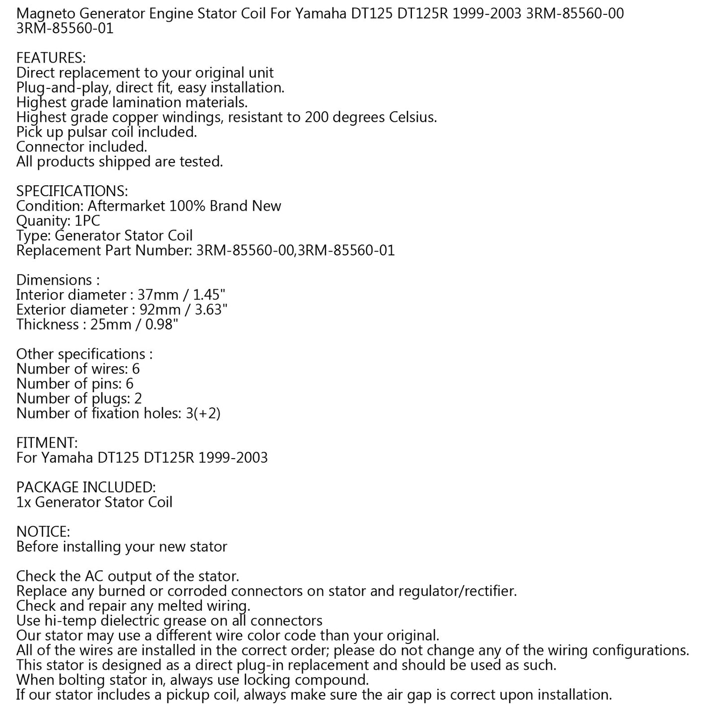 1999-2003 Yamaha DT125 DT125R Alternator Stator Coil 3RM-85560-00 3RM-85560-01