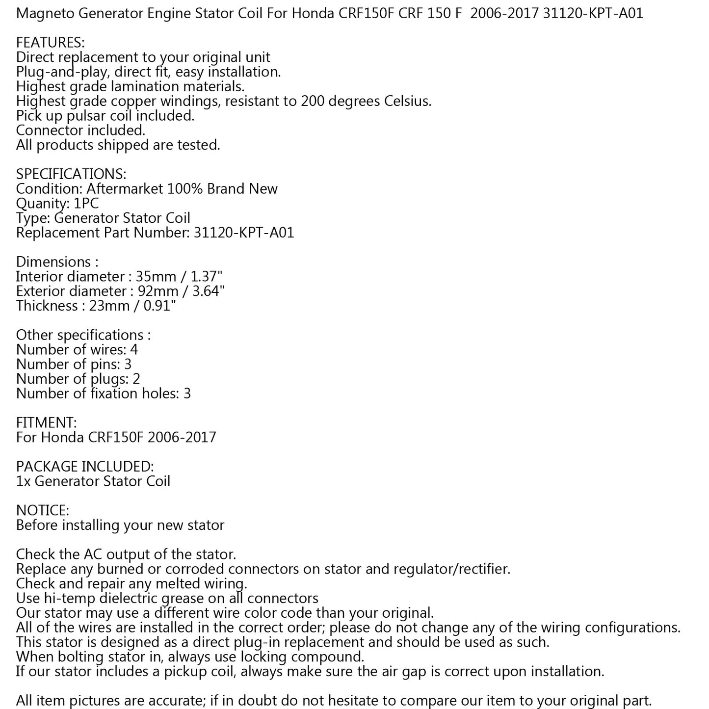 Alternator Stator Coil For Honda CRF150F 2006-2017 Repl.# 31120-KPT-A01