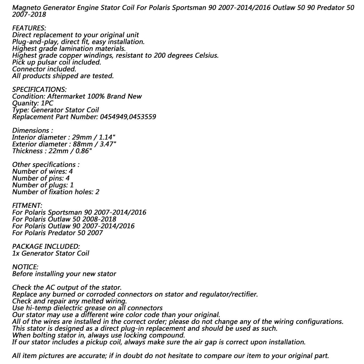 Alternator Stator Coil For Polaris Outlaw Sportsman 50 90 2007-2018 Repl.0453559