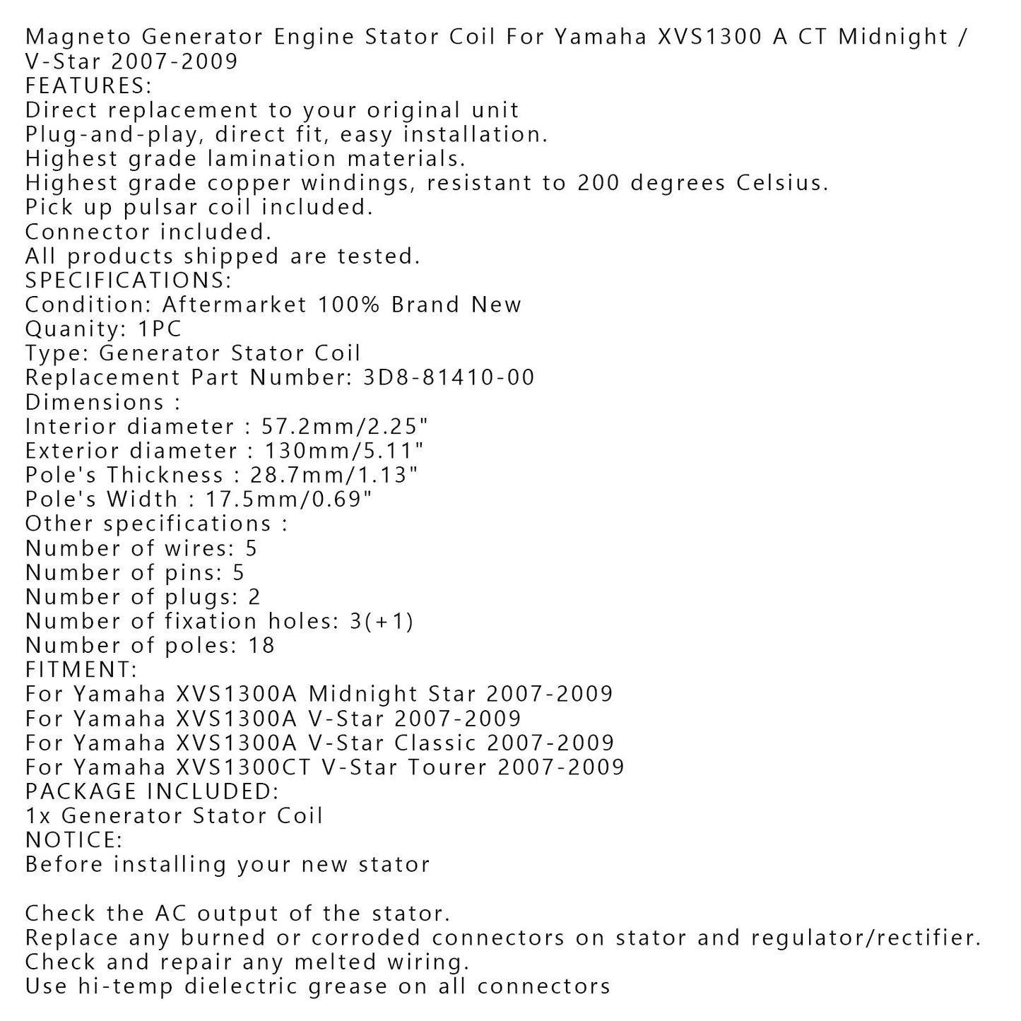 Magneto Stator Coil For Yamaha XVS1300 V-Star / Midnight Star 07-09 3D8-81410-00