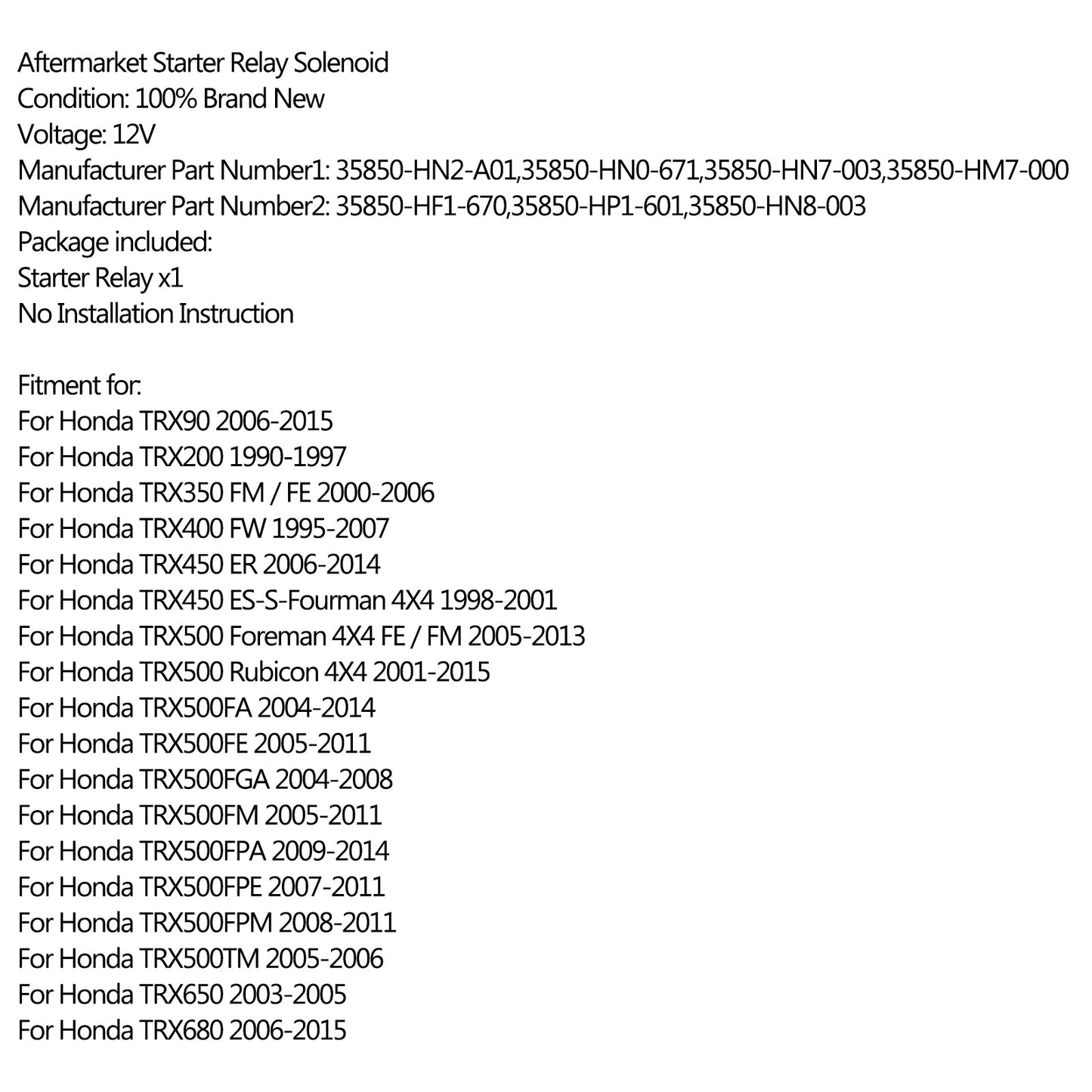 Starter Relay Solenoid For HONDA RANCHER 350 400 FOREMAN 400 450 500 RUBICON