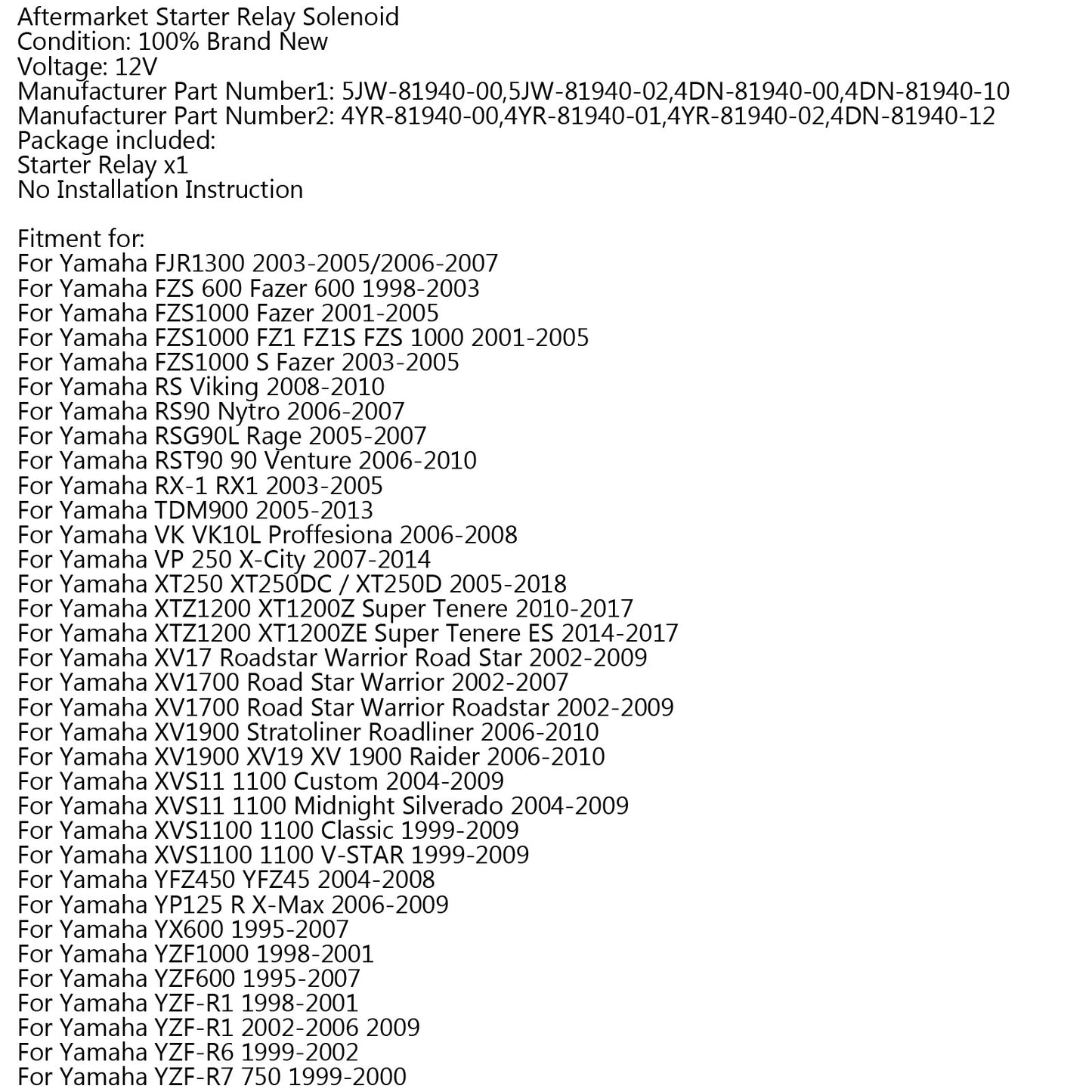 Starter Relay Solenoid For Yamaha ATV YFZ450 YFZ 450 YZF R1 1000 FJR 1300 XV