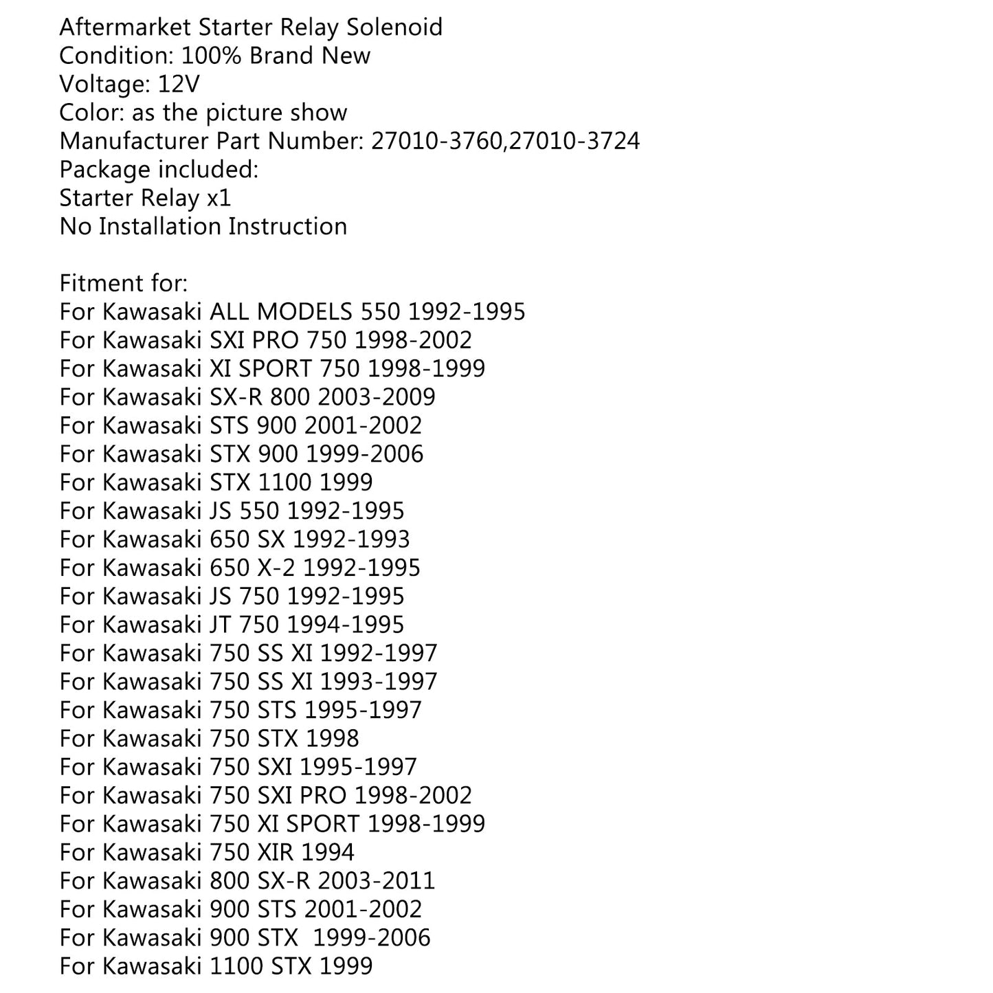 Starter Relay Solenoid Fits KAWASAKI JT1100 1100 STX 1999 27010-3724 27010-3760