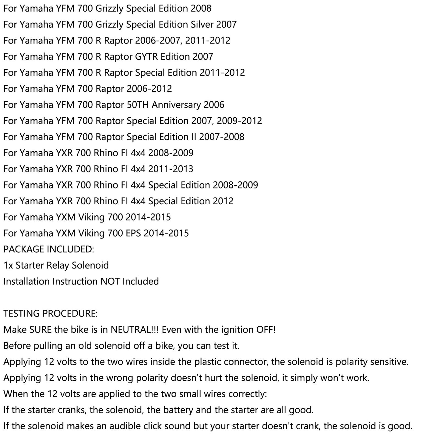 YAMAHA RAPTOR 700 YFM700R 2006 07 08 2009 ATV SN35 Starter Relay Solenoid