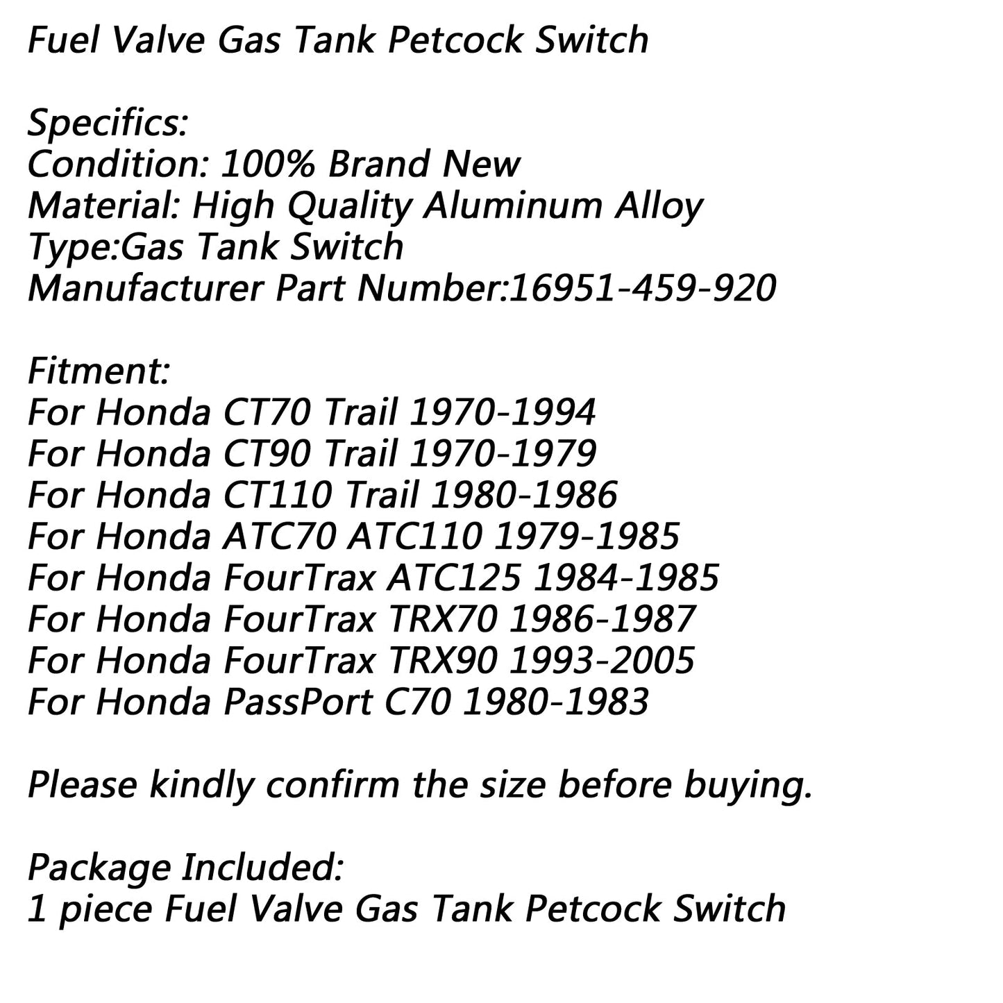 Gas Fuel Tank Switch Valve Petcock For Honda ATC70 ATC110 ATC125 TRX90 TRX70
