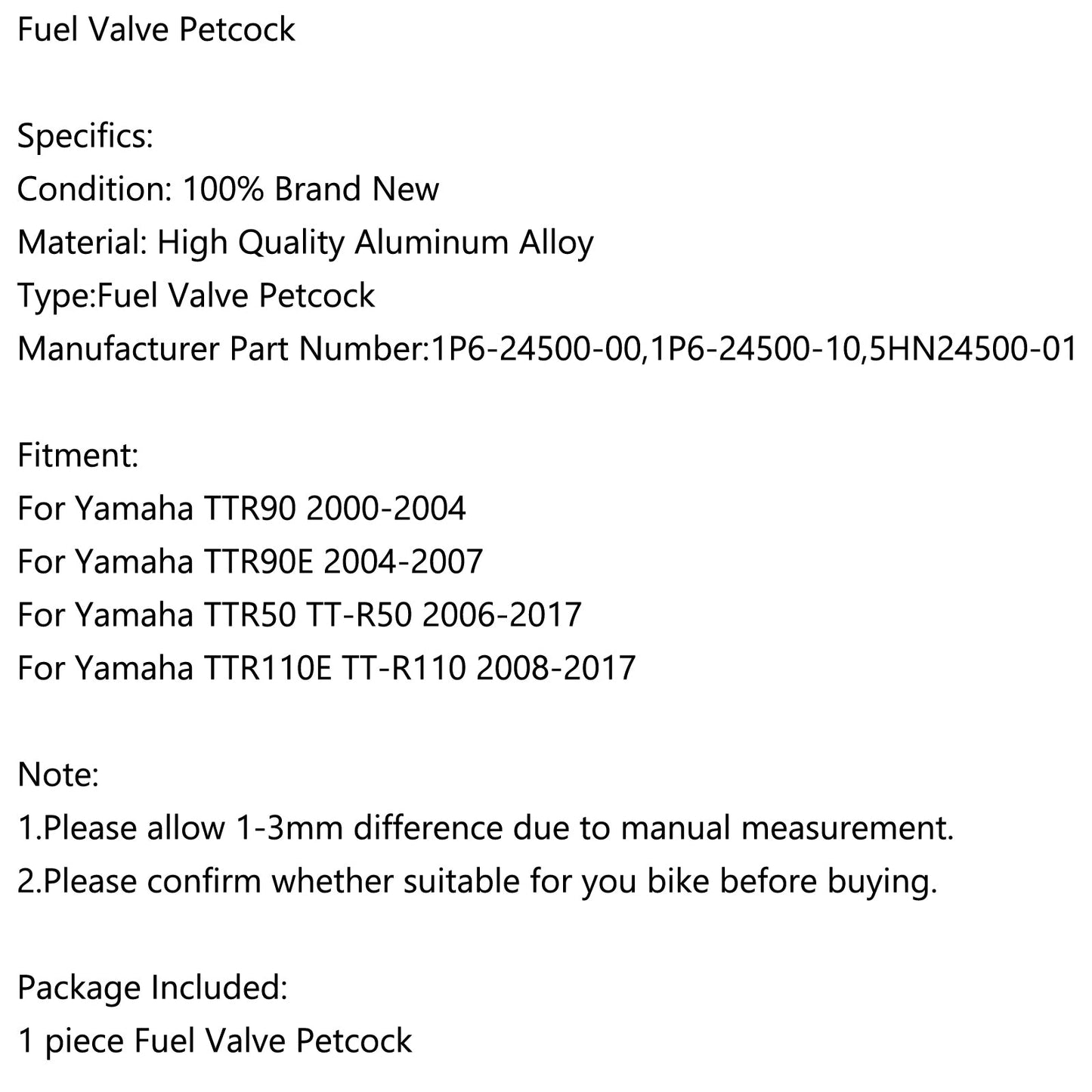 Gas Fuel Petrol Valve Petcock 1P6-24500-00 For Yamaha TTR90 TTR50 TTR110E TTR110