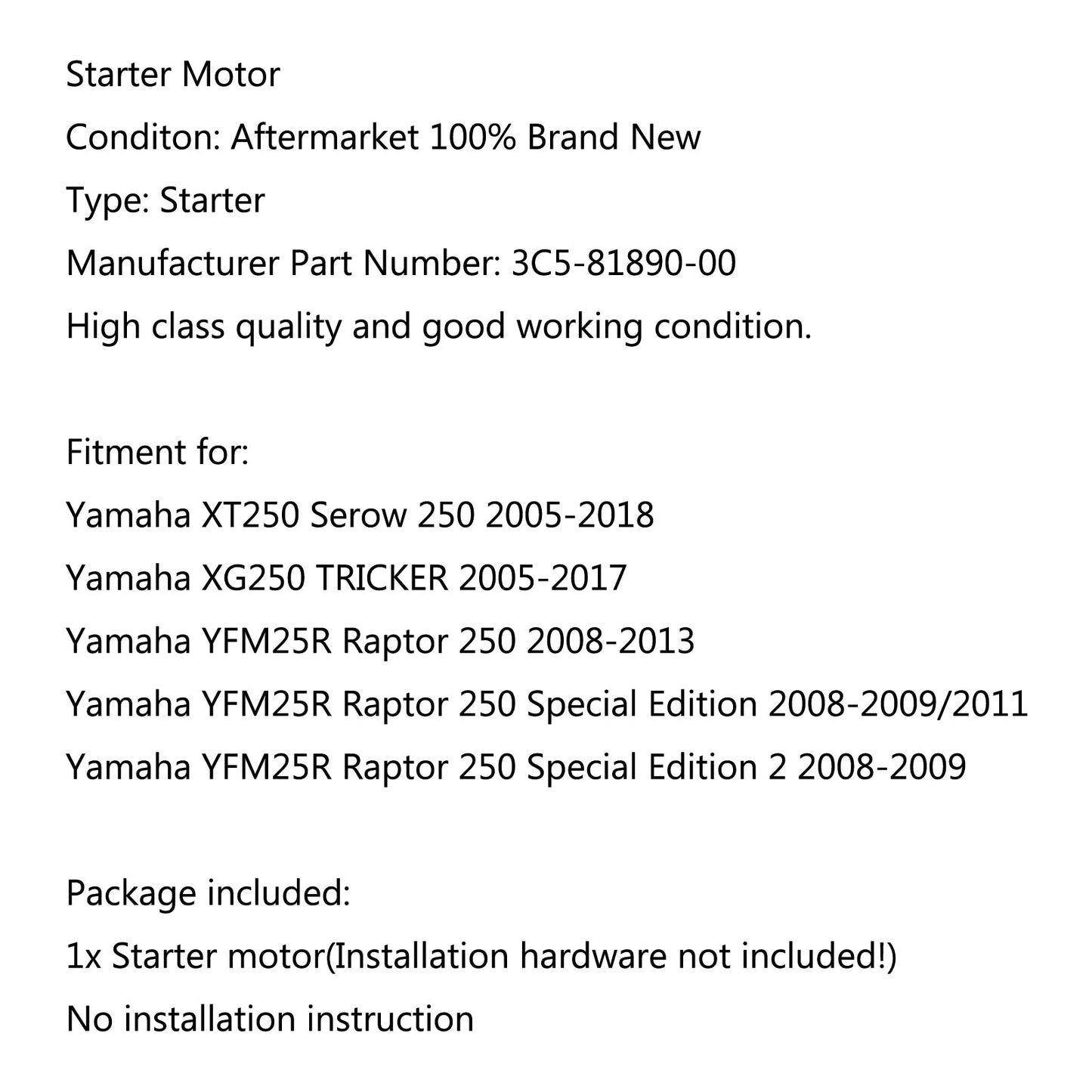 Motor Starter For Yamaha YFM25R Raptor 250 2008-2013 Special Edition 2 2008-2009