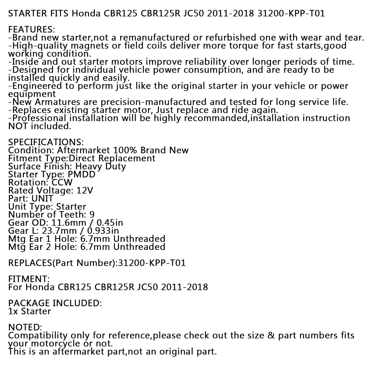 New Starter PMDD CCW 9-Tooth 12V For Honda CBR125R JC50 2011-2018 31200-KPP-T01