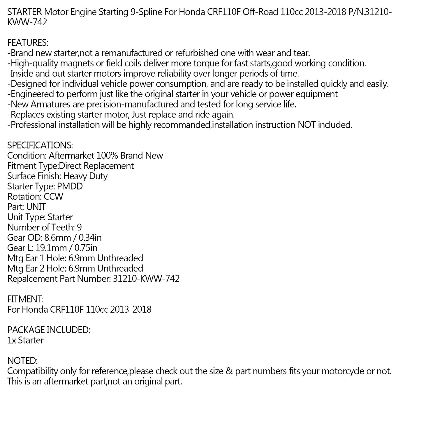 NEW Starter PMDD CCW 9 Tooth For Honda CRF110F Off-Road 2013-2018 31210-KWW-742
