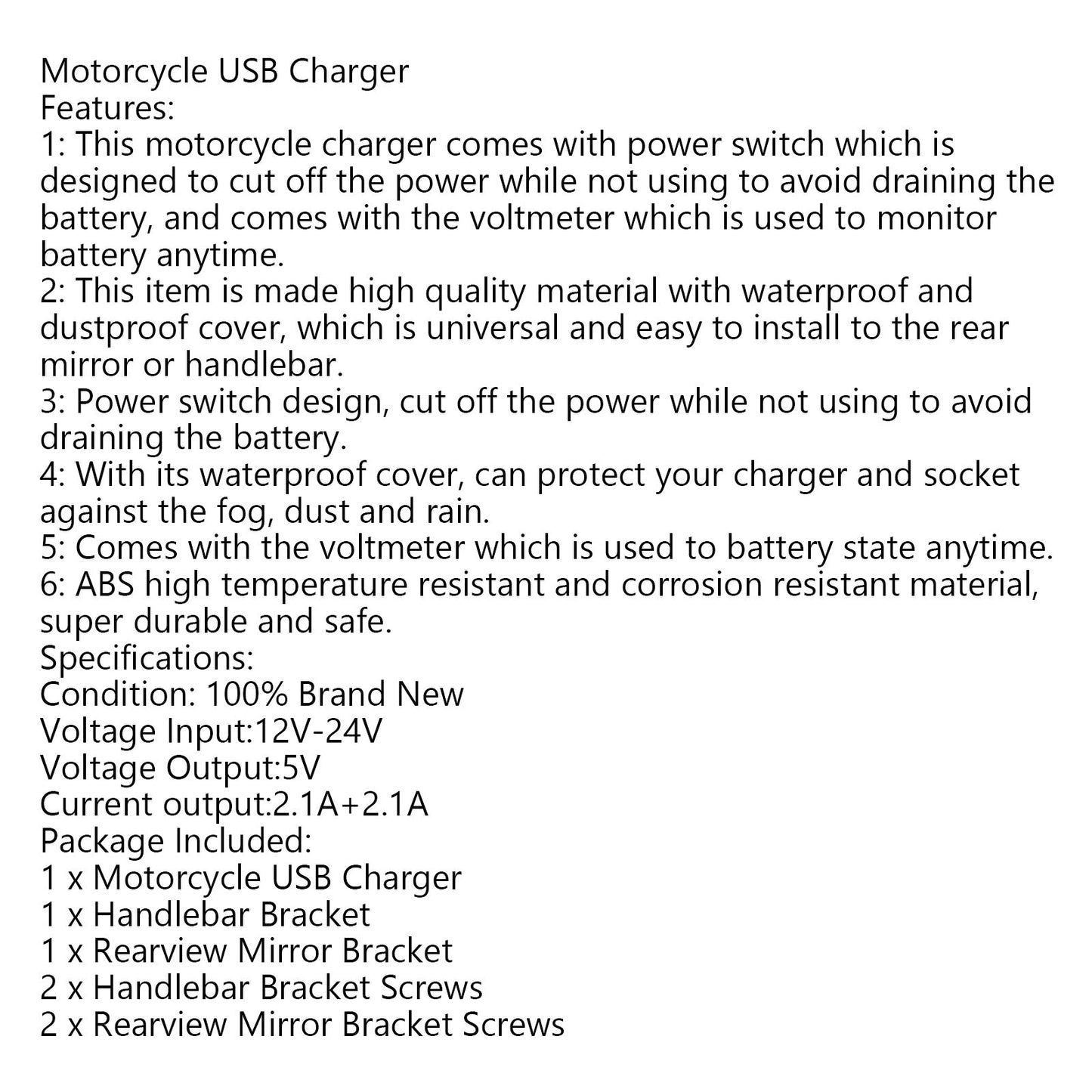 Motorcycle Motorbike USB Charger Power Adapter Socket Cell Phone GPS Waterproof