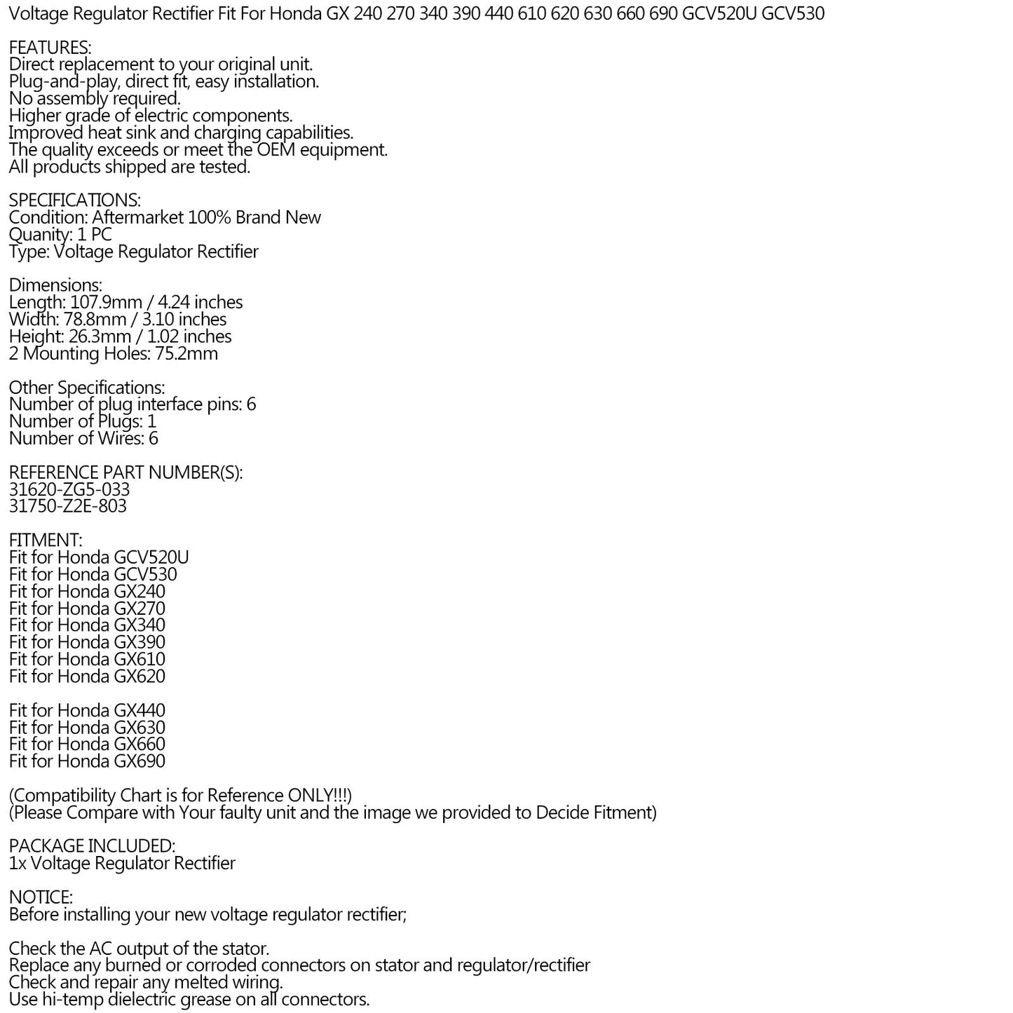 Voltage Regulator Rectifier Fit For Honda GX 240 270 340 390 440 610 620 630 660 690 GCV520U GCV530