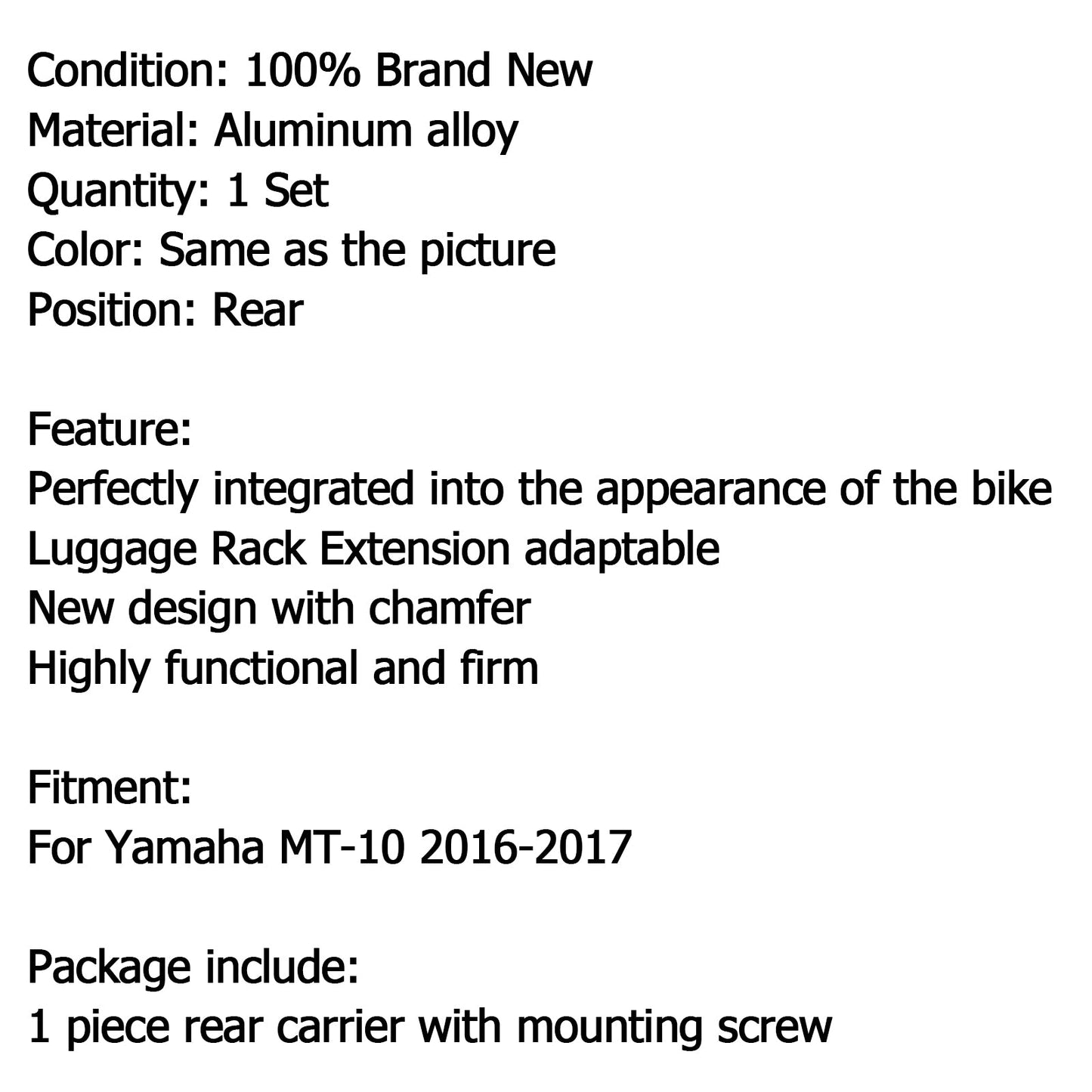 Black Luggage Rack Rear Carrier Plate kit For Yamaha MT-10 2016-2017