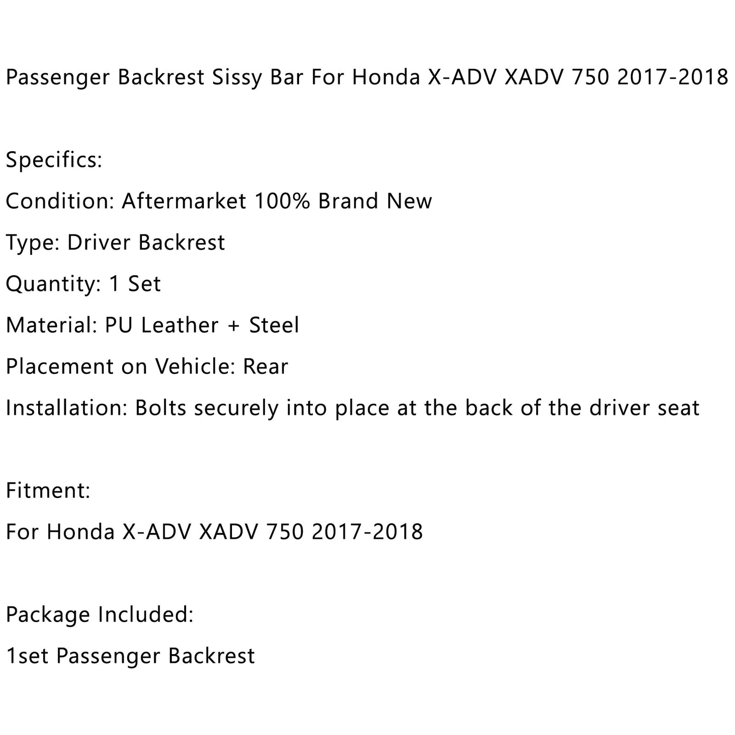 1x Passenger Backrest Support Sissy Bar Fits Honda X-ADV XADV 750 2017-2018