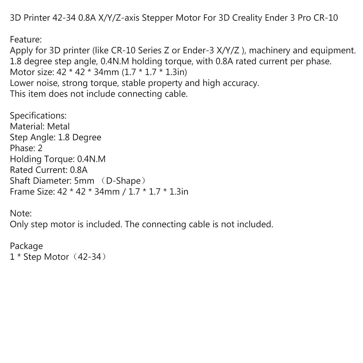 3D Printer 42-34 0.8A X/Y/Z-axis Stepper Motor For 3D Creality Ender 3 Pro CR-10