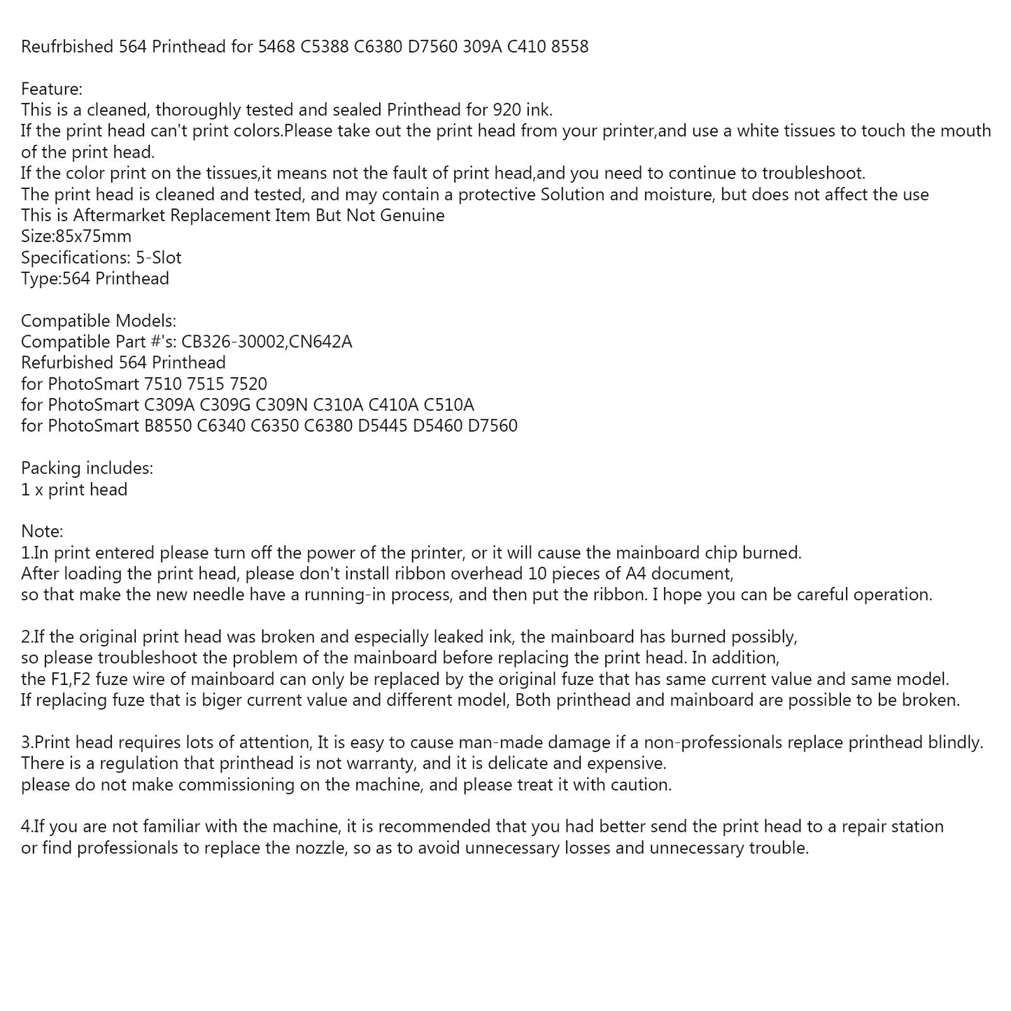 564 Printhead fit for HP 5468 C5388 C6380 D7560 309A C410 8558 CB326-30002,564 5-Slot Printhead for Photosmart 7510 7515 7520 7525 Cb326-30002 CN642 5468,5 Slot 564 Print head for HP 5468 C5388 C6380 D7560 309A C410 8558 CB326-30002