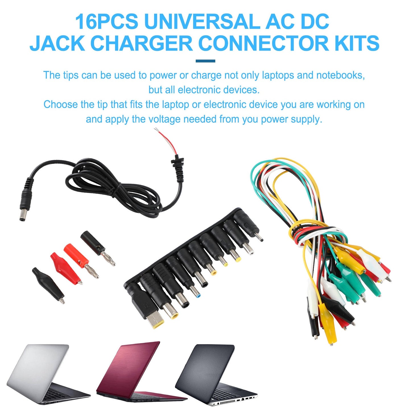 16 Pcs Universal Laptop DC Power Supply Adapter Connector Power with Cable