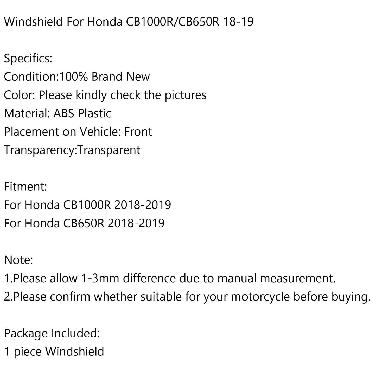 ABS Plastic Motorcycle Windshield Windscreen For Honda CB1000R 2018-2020 CB650R 2019-2023