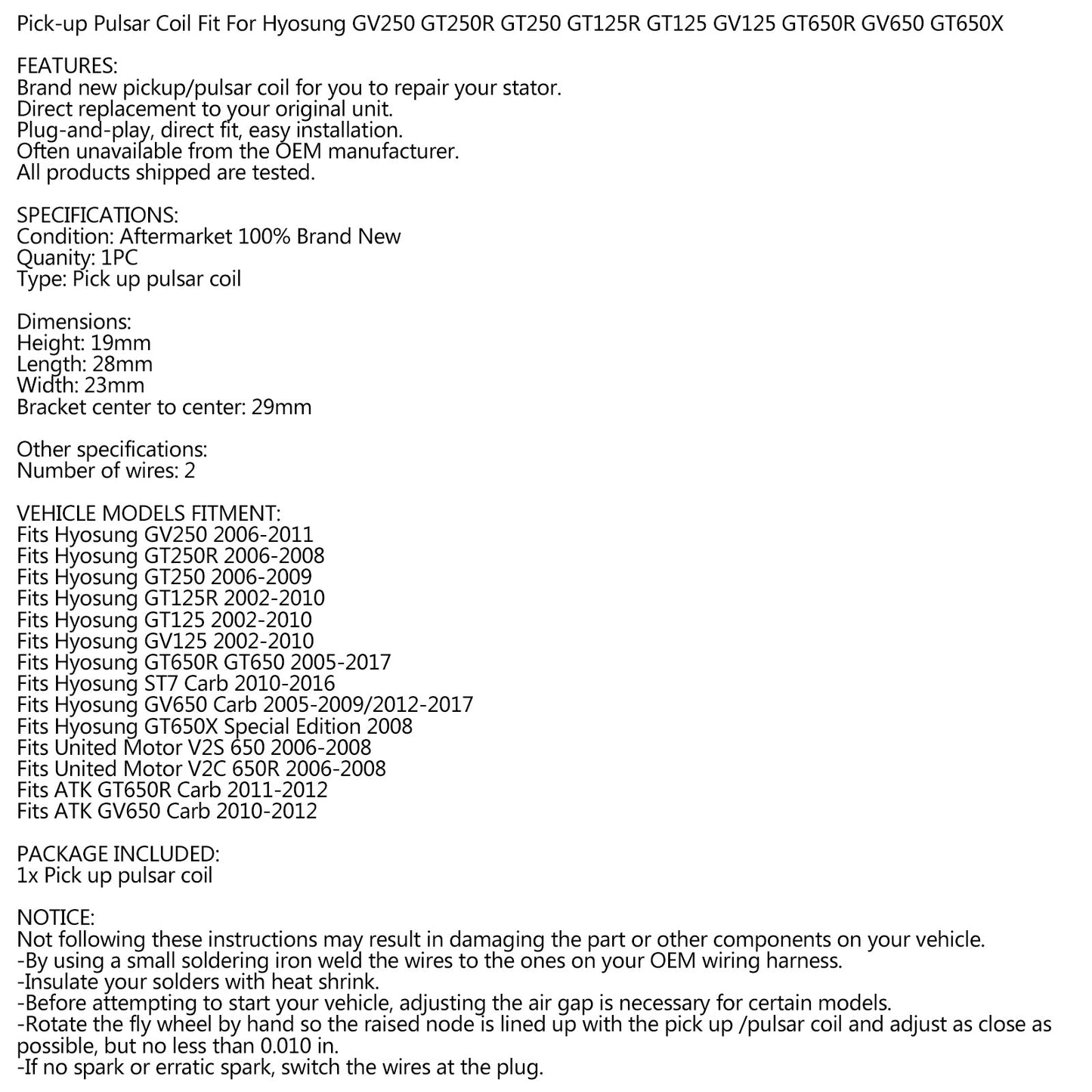 Pulsar / Pulsing Coil For Hyosung GV250/R GT250 GT125/R GV125 GT650 ST7 02-17