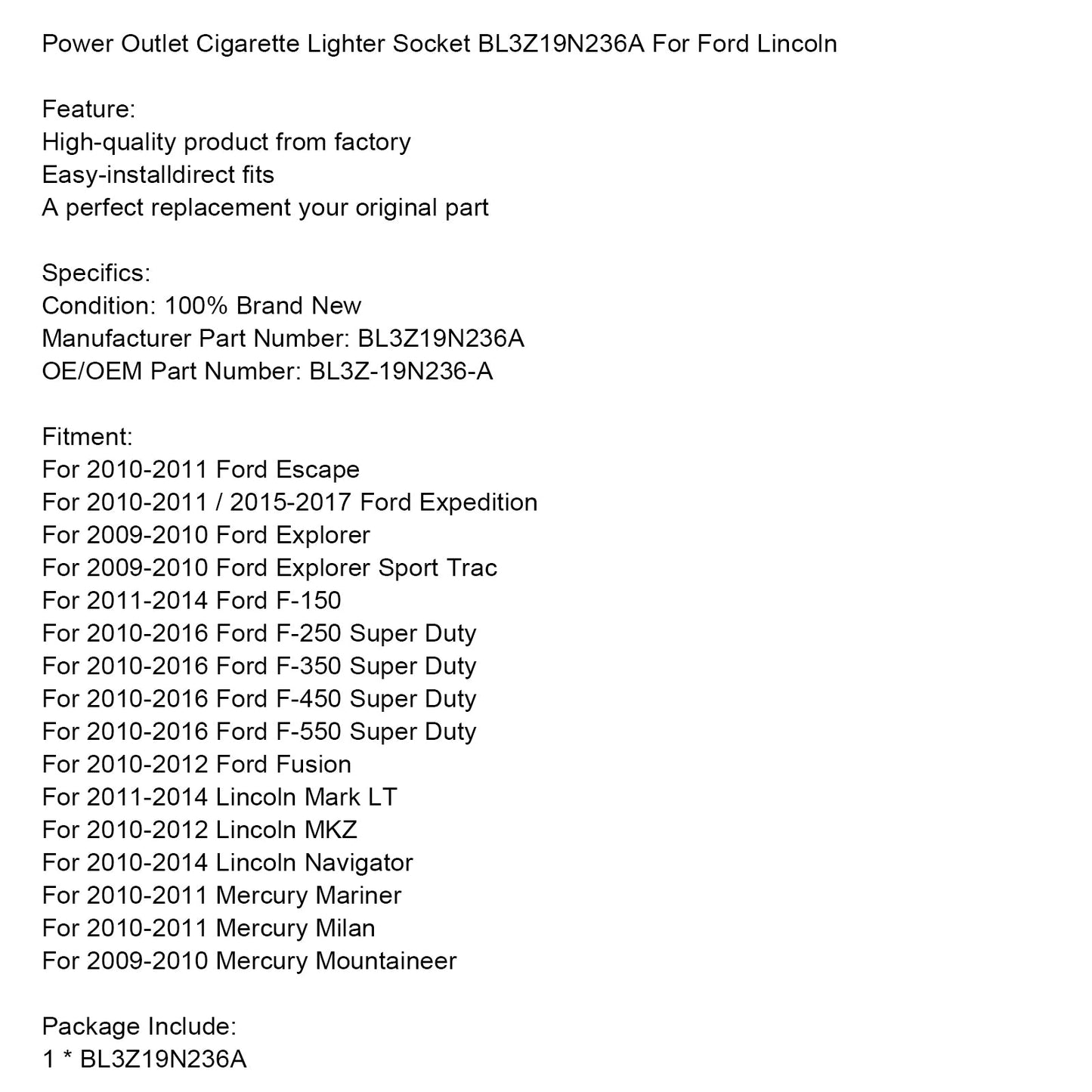 Ford Lincoln Power Outlet Cigarette Lighter Socket BL3Z19N236A