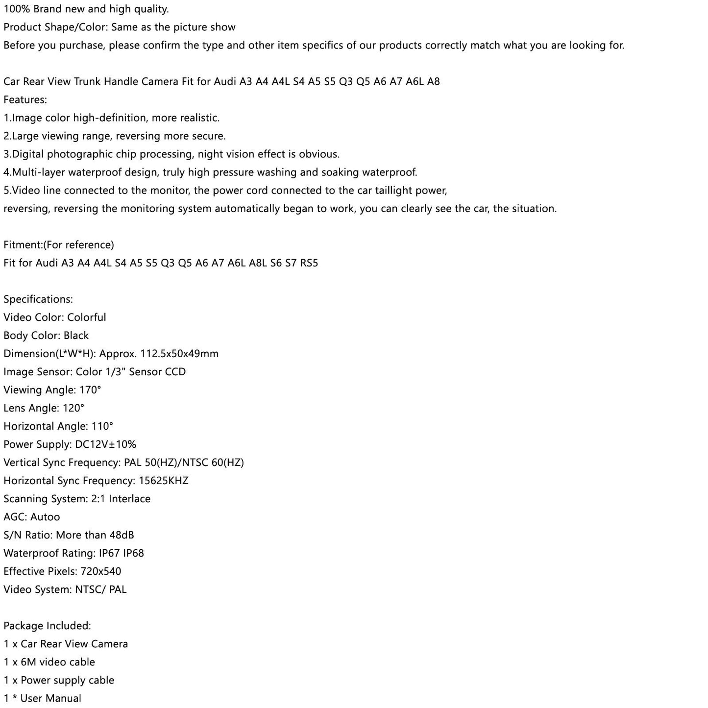 Car Rear View Trunk Handle Camera Fit for A3 A4 A4L S4 A5 S5 Q3 Q5 A6 A7 A6L A8