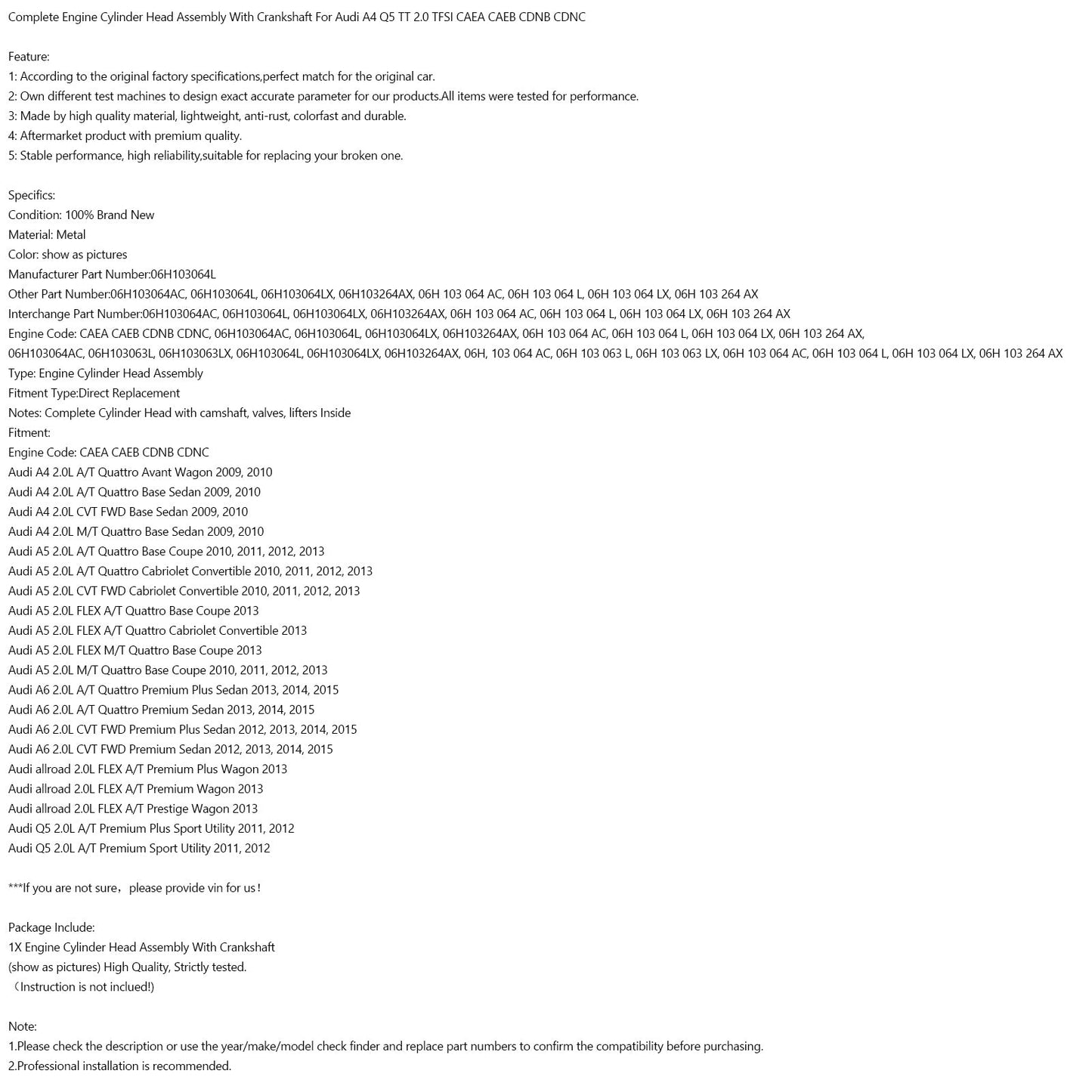 Audi A4 Q5 TT 2.0 Complete Engine Cylinder Head Assembly With Crankshaft For