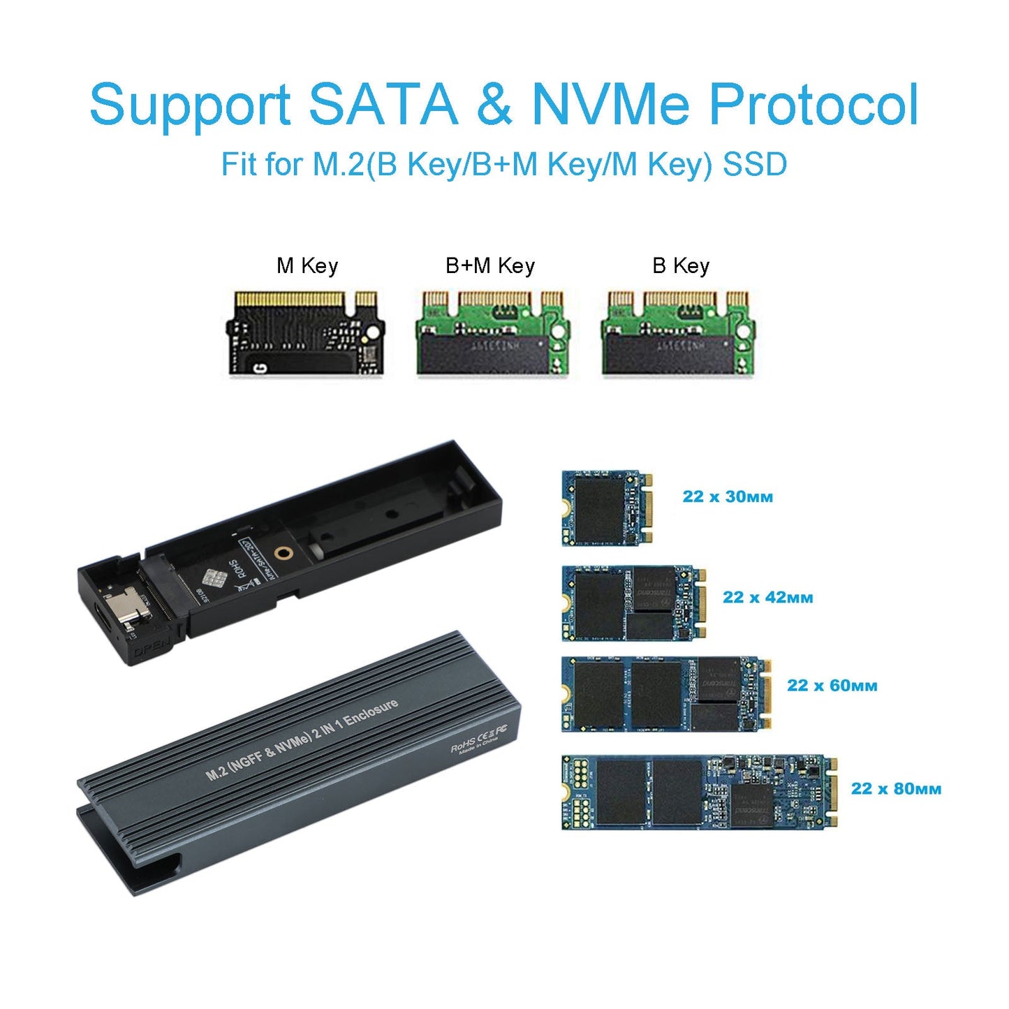 M.2 NVME SSD Adapter USB 3.1 Dual Protocol Hard Drive Enclosure 10Gbps