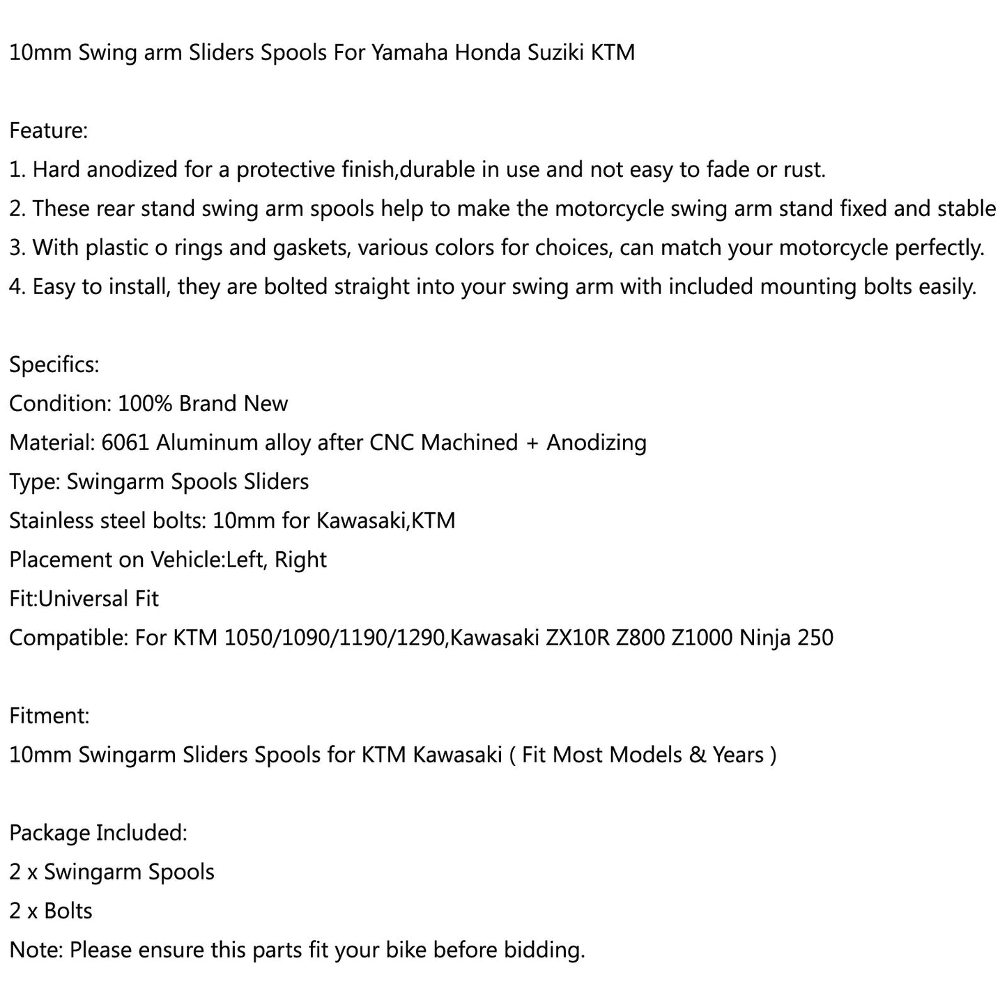 10mm Billet Swingarm Spools Sliders For Kawasaki Ninja 250R 1000 ZX 6R ZX10R GR