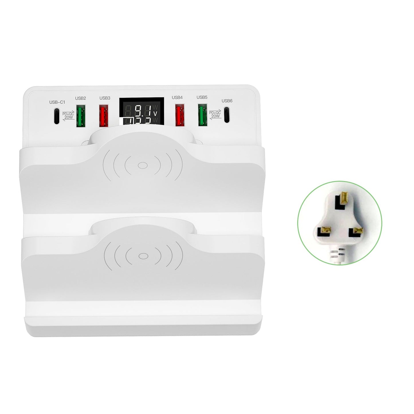 Dual Wireless Charging 15W 6 Port USB Charging Station Phone Holder UK Plug