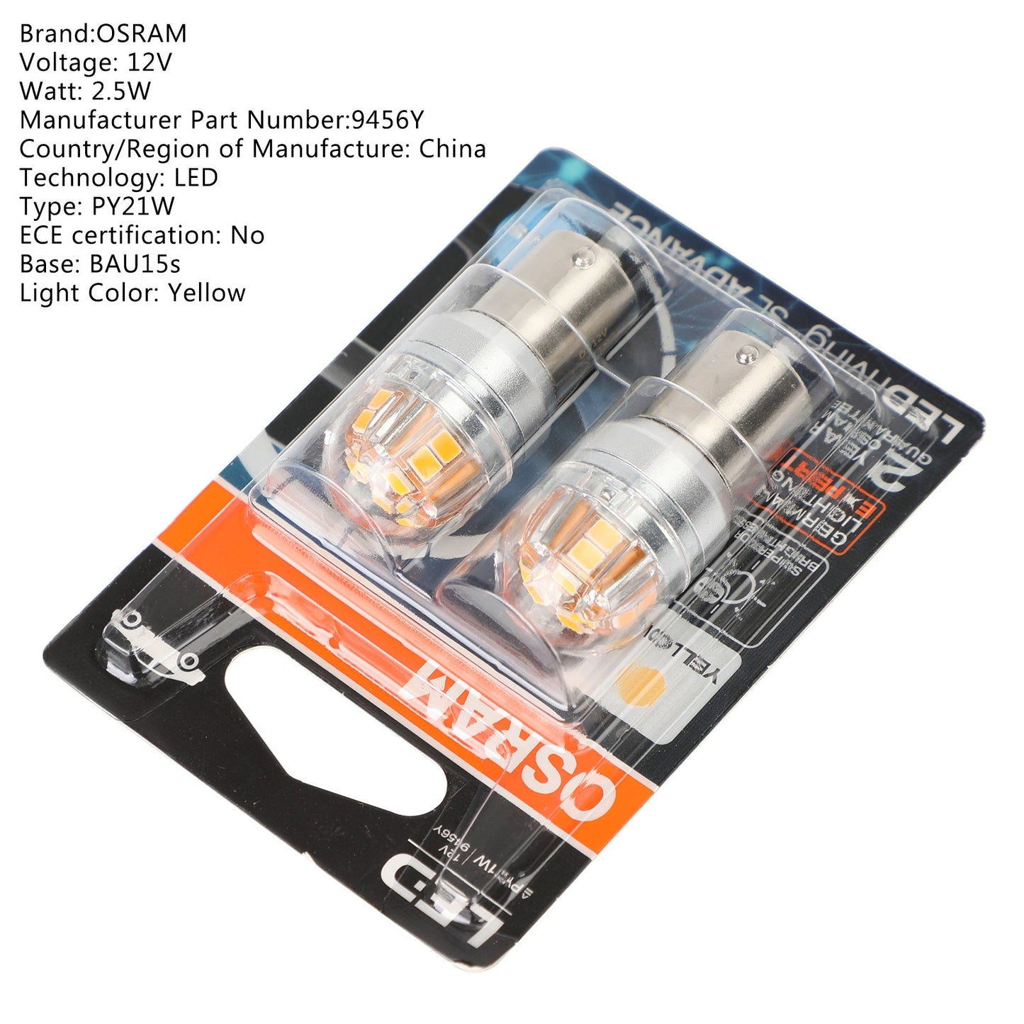 2x For OSRAM 9456Y Car Auxiliary Bulbs LED PY21W 12V2.5W BAU15s